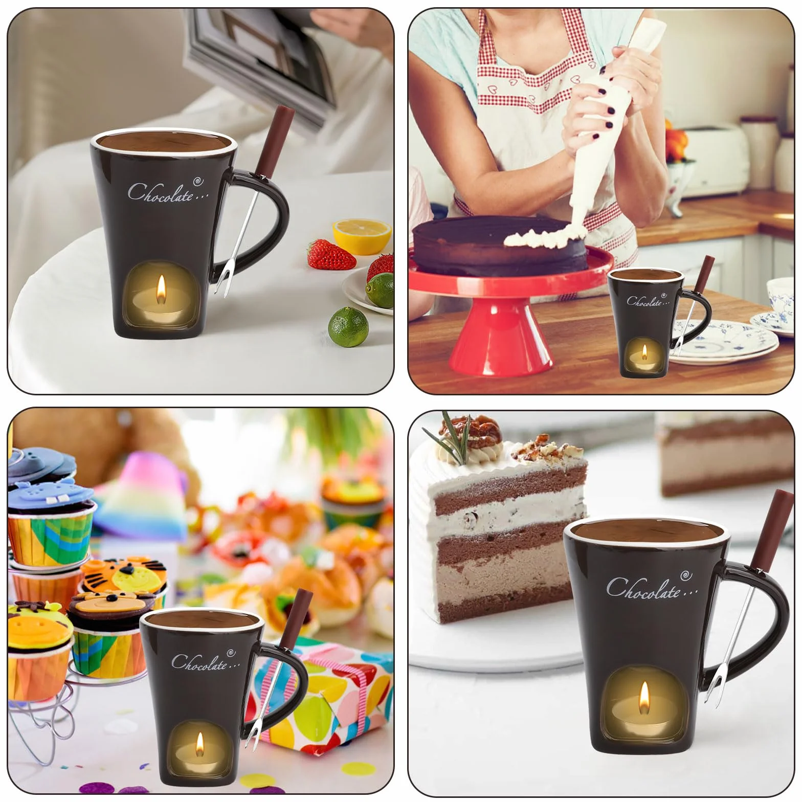 Taza de cerámica para fondue de chocolate, 130 ml, con portavelas y tenedores