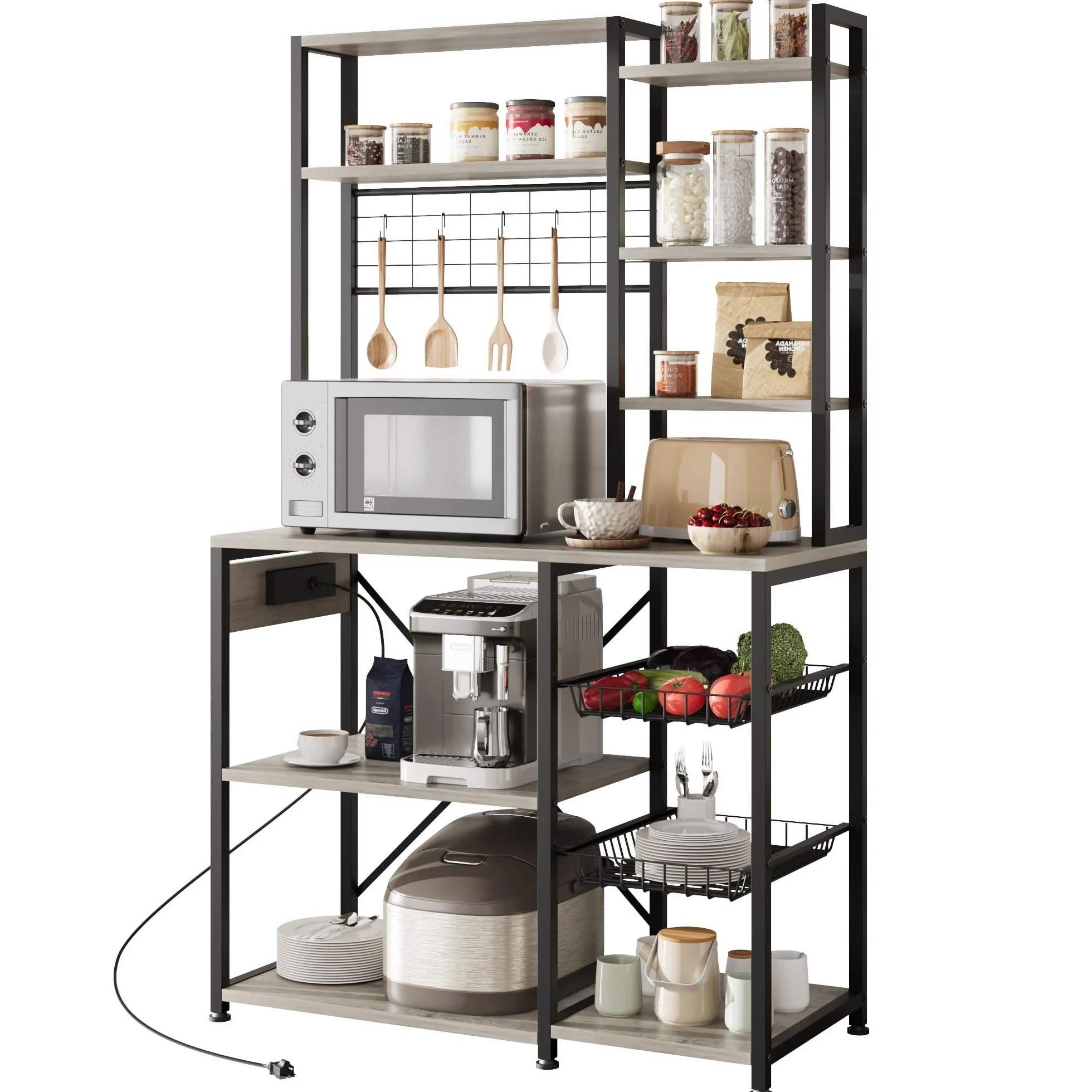 Zstar Estante De Almacenamiento De Cocina De Estilo Industrial con Enchufes y Ganchos, Múltiples Estantes, Amplio Espacio De Almacenamiento, Barra De Café, Gabinete para Microondas
