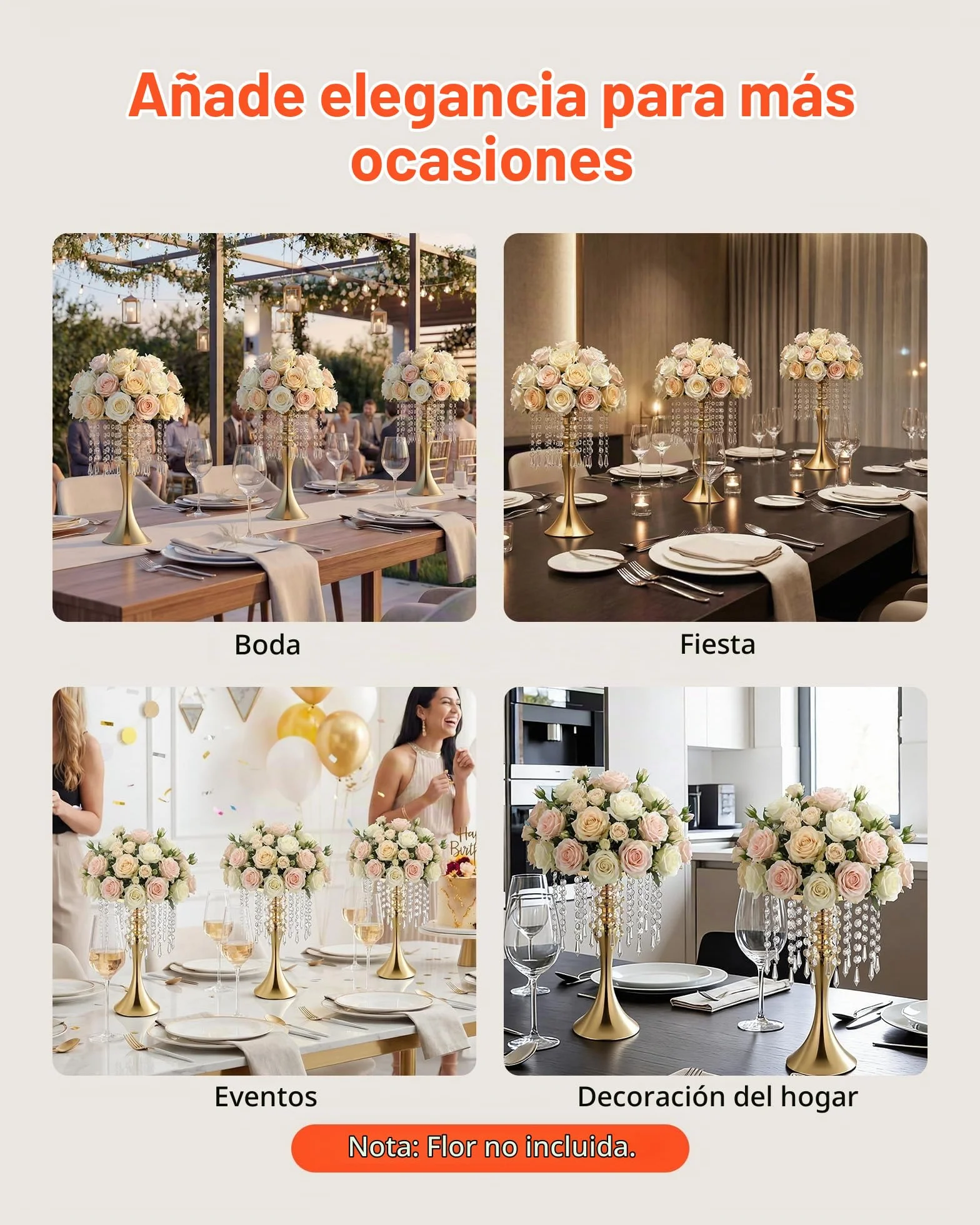 VEVOR Jarrones Decorativos, Paquete de 20 Piezas, Floreros de Metal Dorados con Cadena de Cristal, Altura de 33,5 cm, Centro de Mesa para Boda, Decoración para Banquete Ceremonia Fiesta Recepción