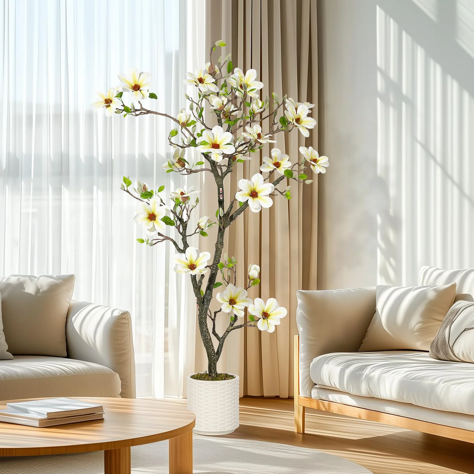 Garvee Árbol Artificial de Magnolia 150cm, con Maceta Blanca, Plantas Artificiales Decorativas para Interior, Salón, Patio, Hogar, Oficina, Porche o Vestíbulo de Hotel, 150cm