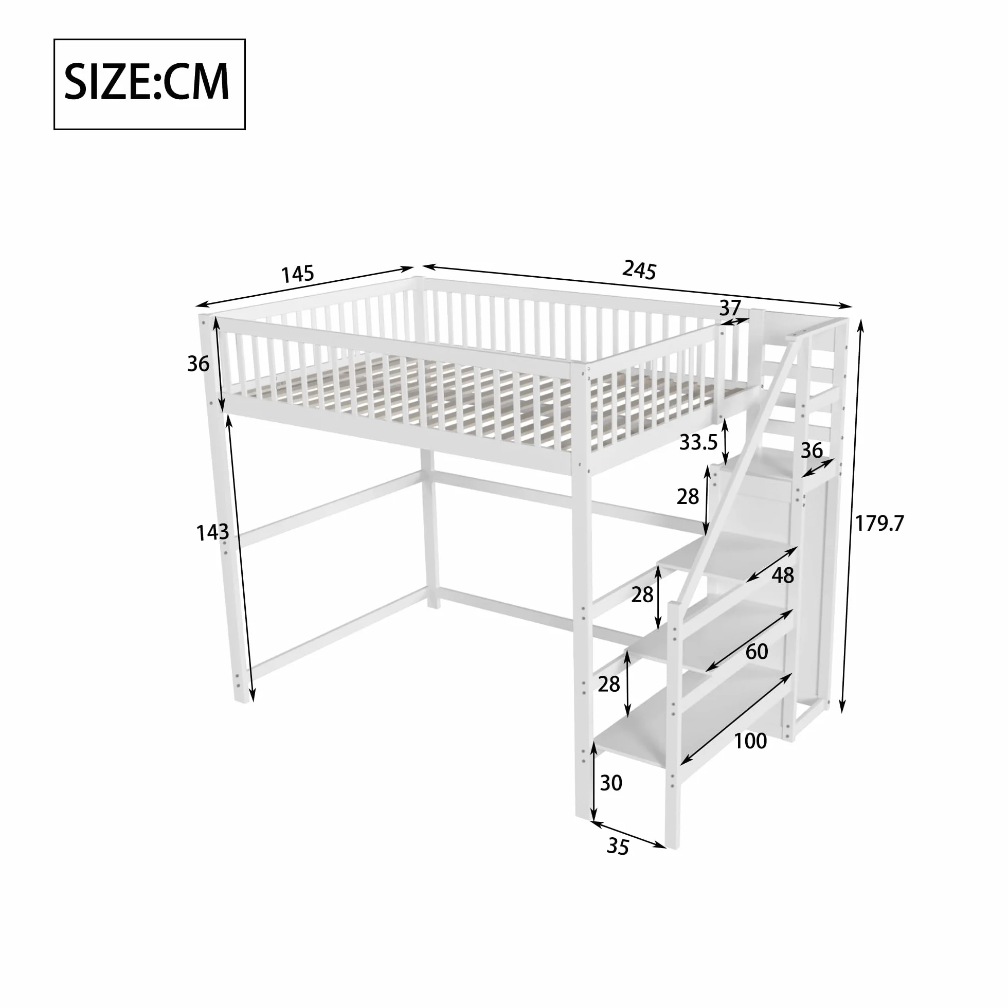 Azkoeesy Cama Alta Juvenil 140x200 cm en Madera de Pino Blanca, Escala Integrada Ahorra Espacio, Armario, Barandilla de Seguridad y Somier, para Niños y Adolescentes
