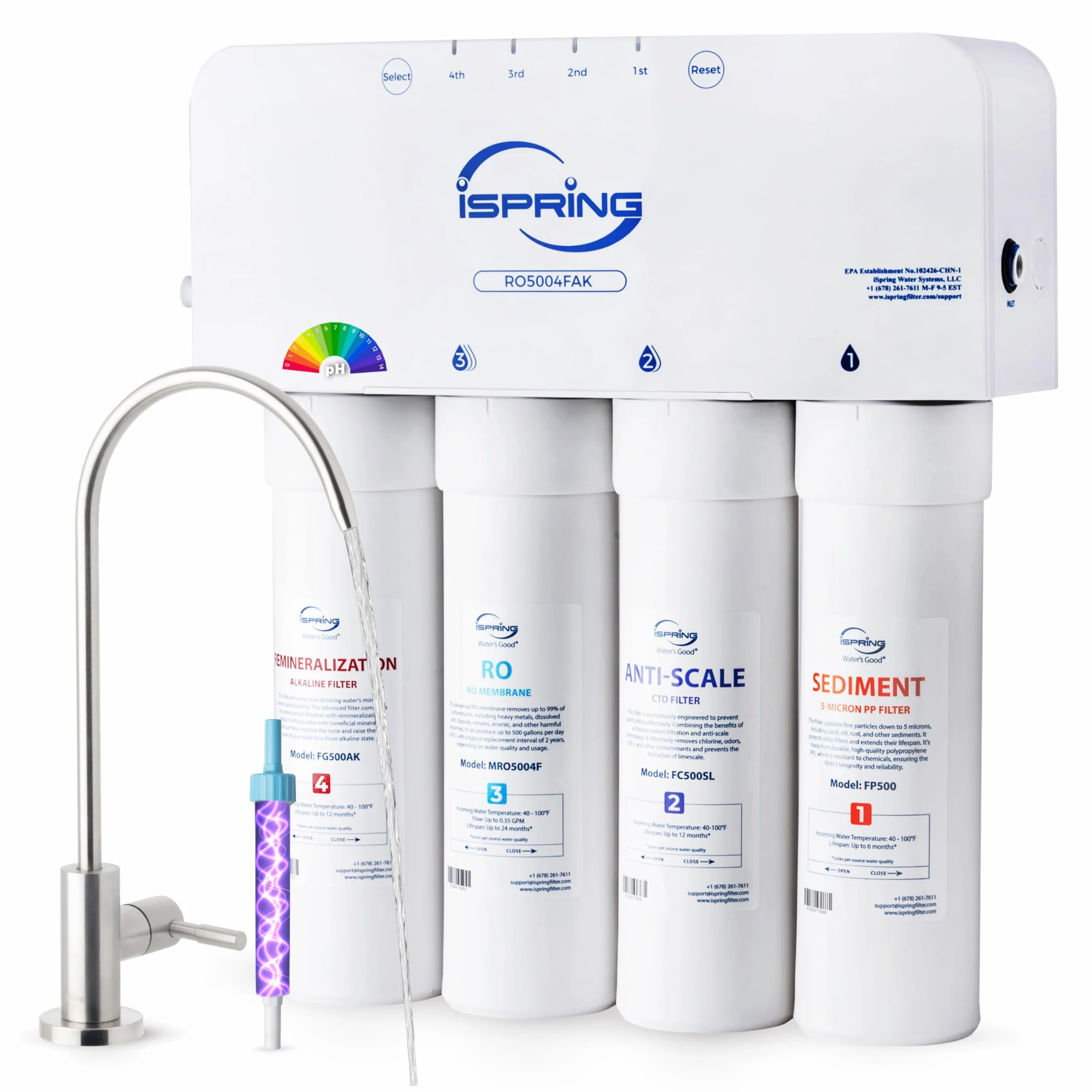 iSpring RO5004F-AK Filtro de Agua de Ósmosis Inversa Alcalina con UV, 500 GPD, pH+, Osmosis Inversa Domestica sin Tanque, Agua Pura/Drenaje 2:1, con Bomba de Refuerzo, Reduce PFAS, TDS