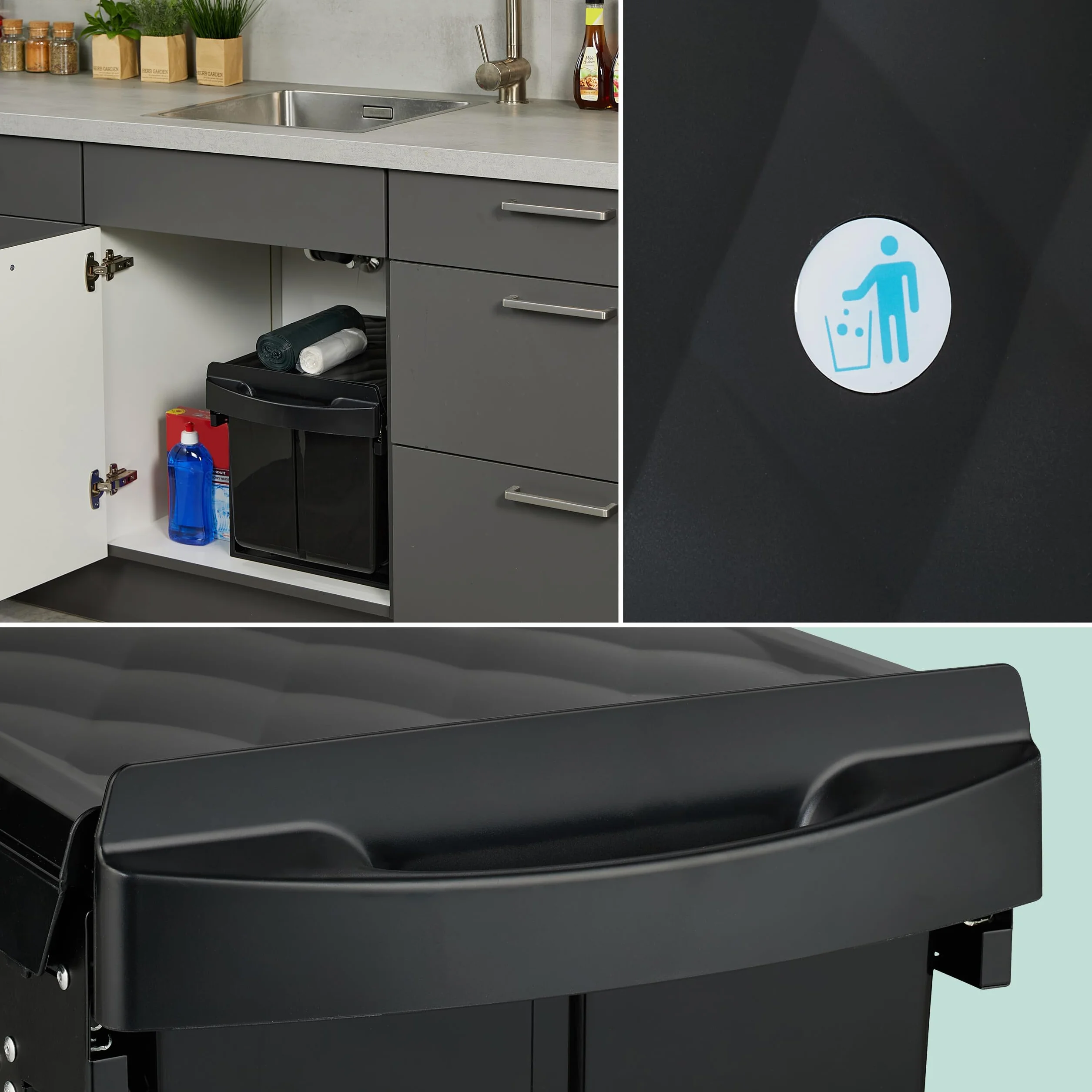 Relaxdays Cubo de Basura Cocina, 4 Espacios, 4X 8 L, 34,6 x 34 x 51,8 cm, Extraíble, Papelera Reciclaje Fregadero, Negro