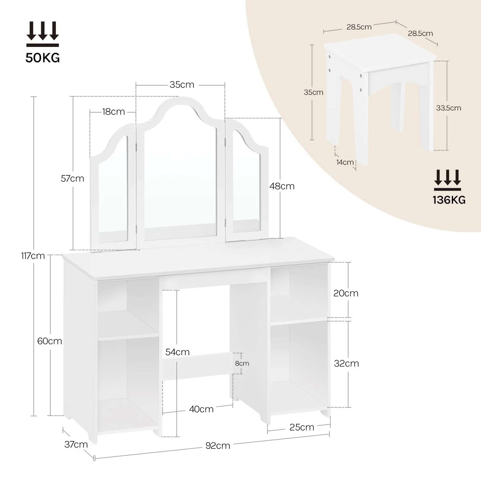 WOLTU Mesa Tocador Infantil 3 Piezas con Taburete y Espejo Plegable, Blanco MDF