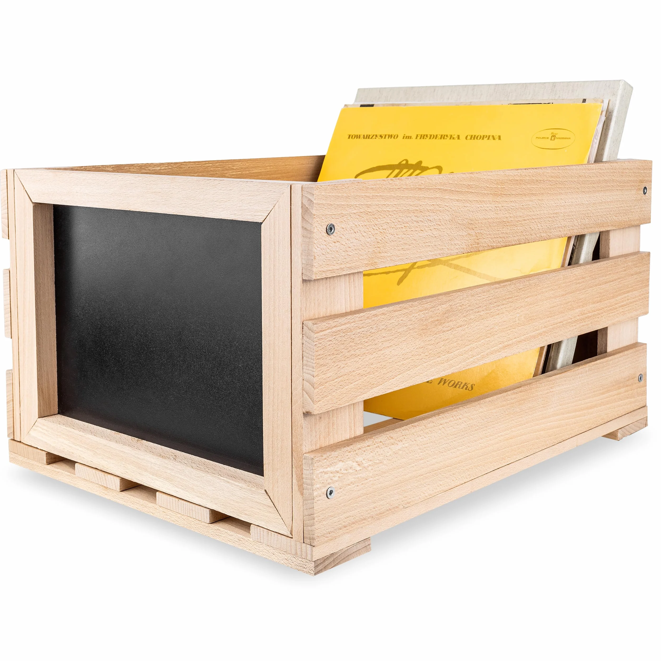 Creative DECO Caja de Madera para Discos de Vinilo con Pizarra | 80 discos | 46x36x25cm (+/-1cm) | Mueble Soporte Cajón Porta Vinilos | Madera de Haya | Cesta para Frutas, Verduras, Vino, Juguetes