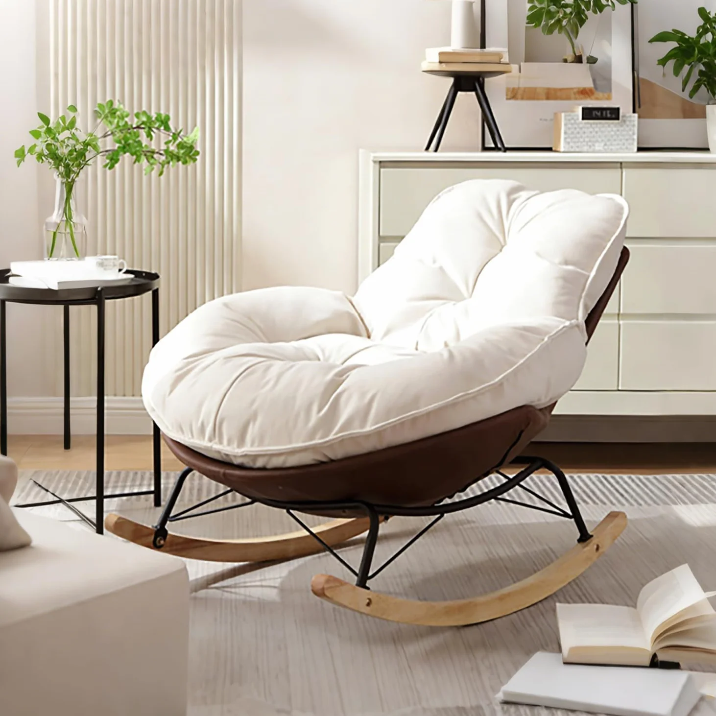 Mecedora, sillón balancín ergonómico, cojín extra grueso y respaldo, sillón moderno para salón y dormitorio, base de madera estable y marco de metal, resistente a las caídas