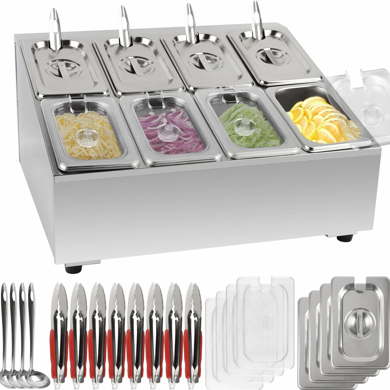 TOROKOM Recipiente para pizza, de acero inoxidable, con tapa, cucharas, soporte inclinado para bufé, salsas, mermeladas, frutas, ingredientes de cocina (2 filas y 8 bandejas)