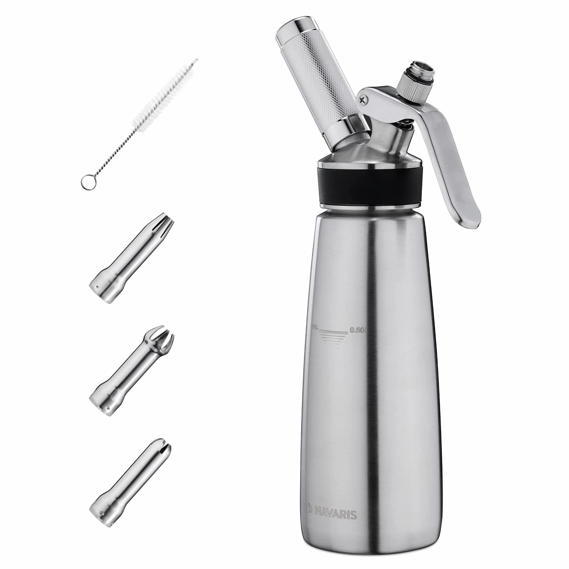 Navaris Sifón de cocina frío y caliente - Dispensador de nata de 500 ML - Set de acero inoxidable para montar crema con 3x boquilla para cargas N20