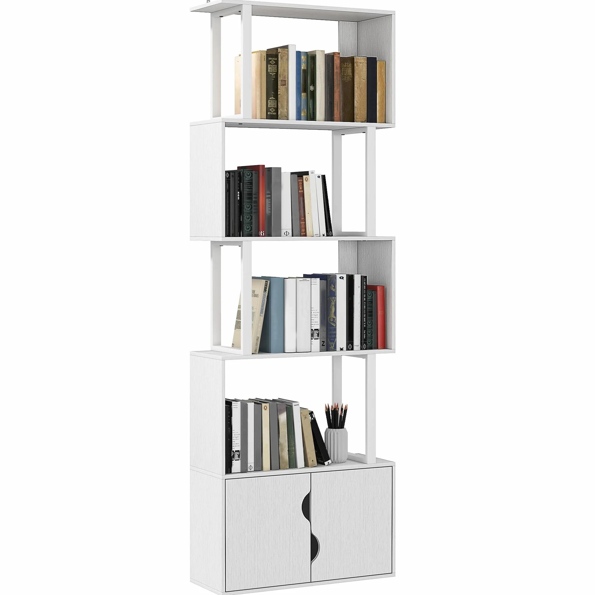 HOMCOM Librería de 5 Niveles en Forma de S 60x23,8x179,2 cm Blanco | Estantería de Libros, 5 Estantes, 2 Puertas, Sala de Estar, Oficina, Estudio, Dormitorio