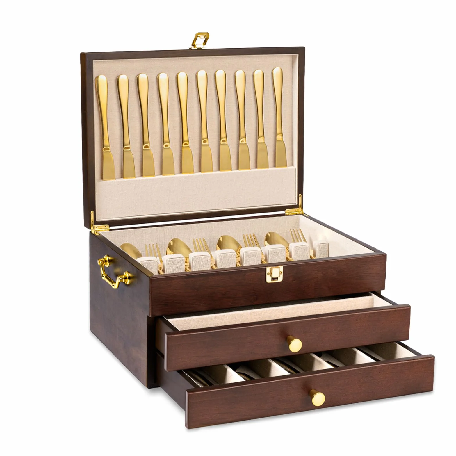 Caja de almacenamiento de cubiertos, caja de almacenamiento de cubiertos de 3 capas con cajón, baúl de cubiertos de madera con asa y forro de lino, funda rústica para guardar cubiertos y