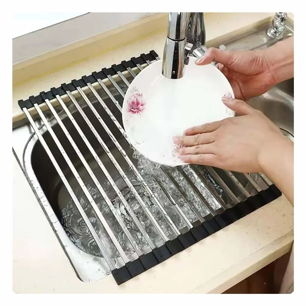 Escurridor de platos enrollable para colocar sobre el fregadero, escurridor de platos con ruedas para cocina, 12.6-23.6" (32-60 cm), alfombrilla plegable para fregadero, escurridor de alambre de acer