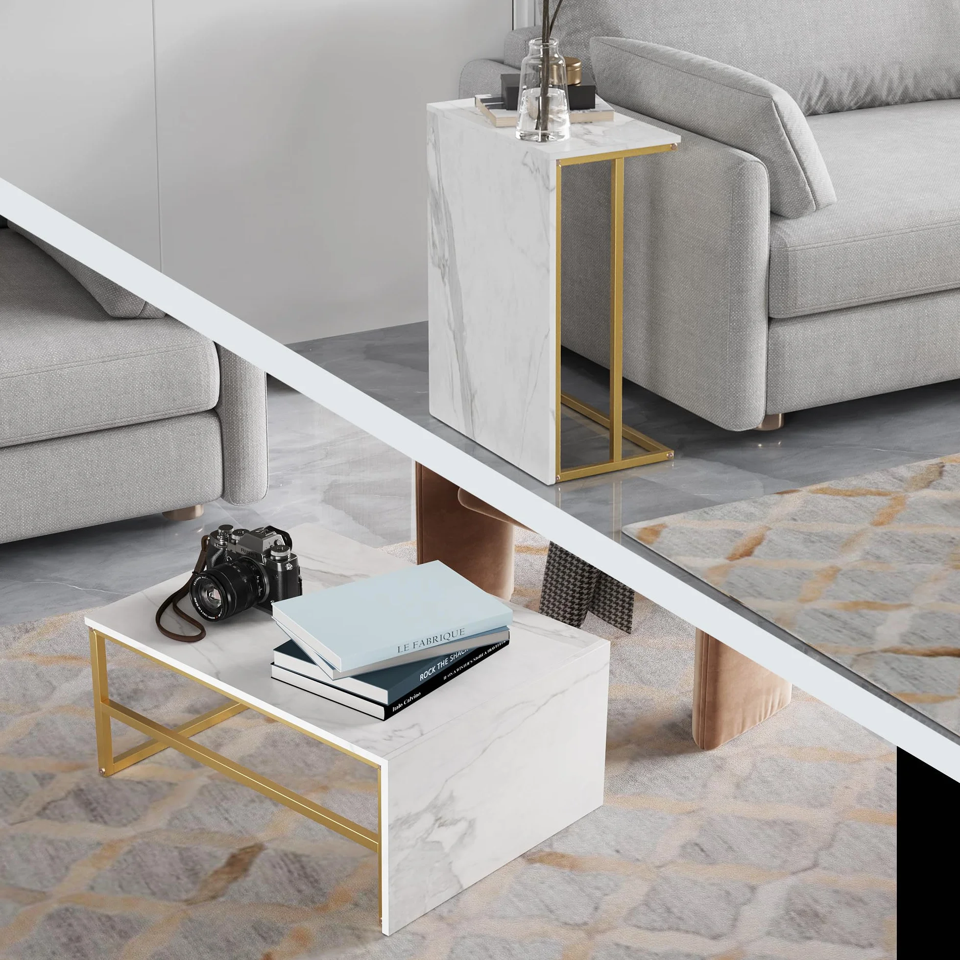Juego de 2 Mesas de Salón Rectángulo: Mesa Centro + Auxiliar - Mesa de Café Anidables con Estructura Metal para Sala de Estar,Modernas,Blanco Dorado
