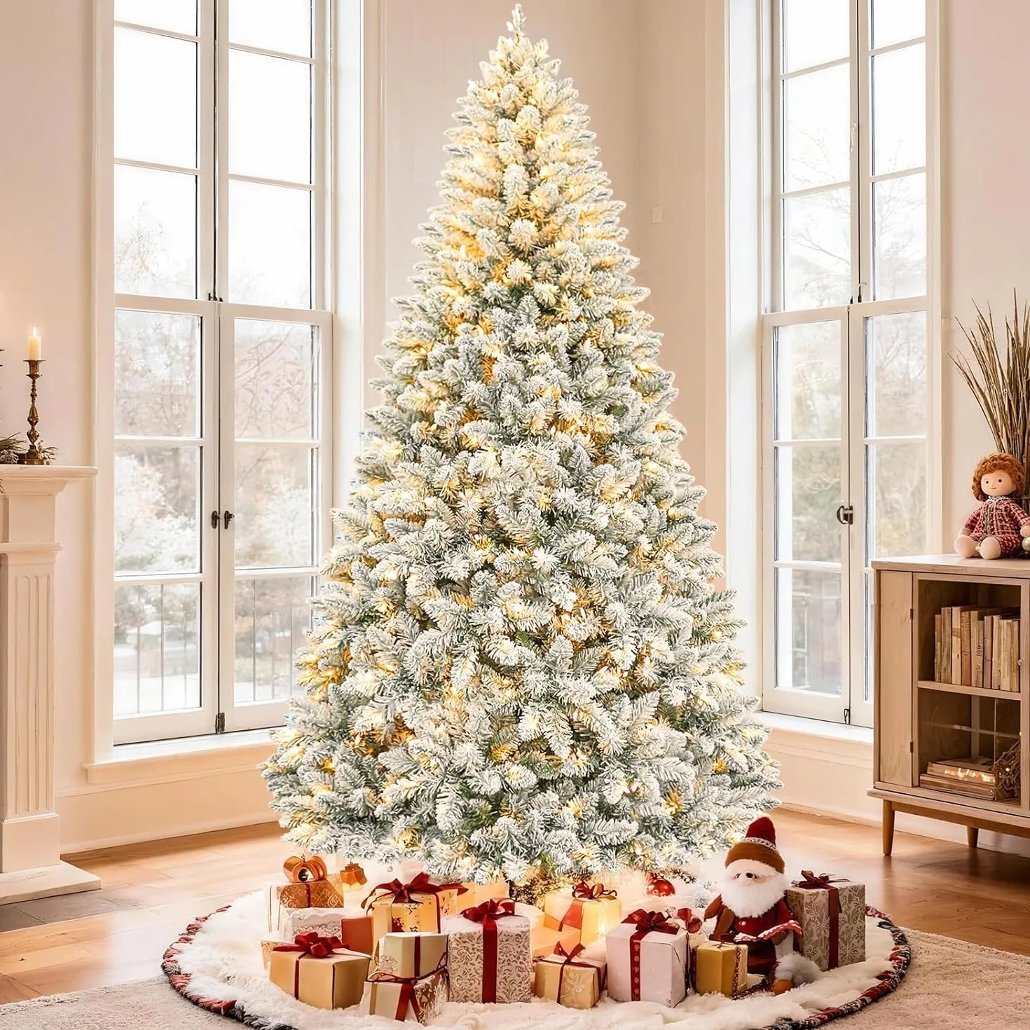 QLOFEI 180cm Arbol de Navidad Nevado Artificial con Nieve y 300 Luces LED Cálidas, Arbol de Navidad con Luces Incorporadas, 856 Puntas y Soporte de Metal para Hogar Oficina Comercio Fiesta