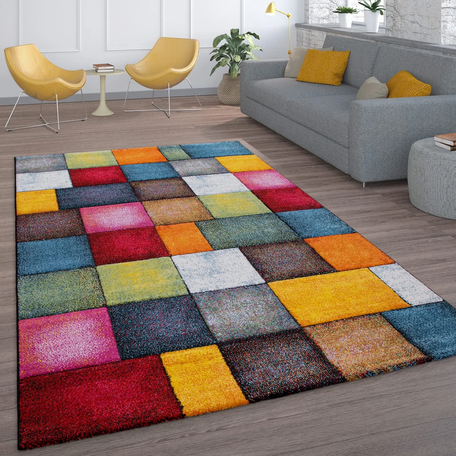 Paco Home Alfombra Salón Pelo Corto Diseño Cuadros Colorida Cuadrados Multicolor Alegre, tamaño:240x330 cm