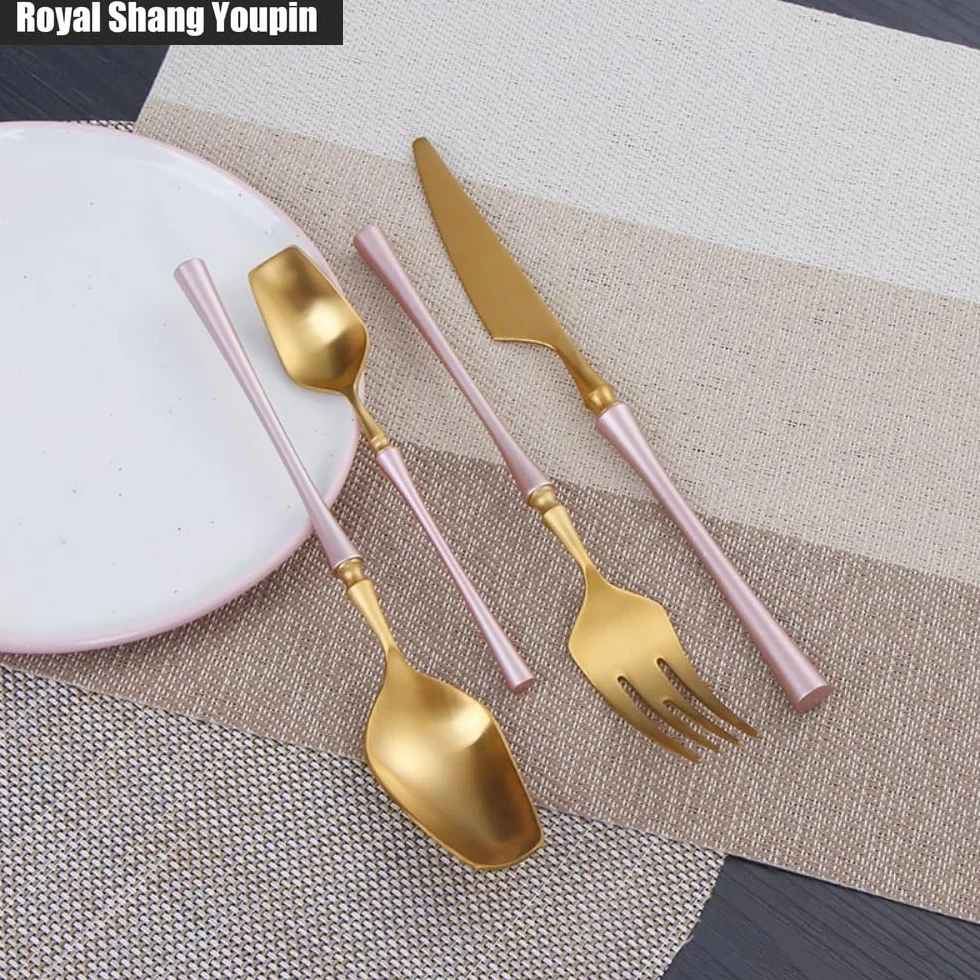 Exquisito Pequeño Cintura Bárbara Oro Rosa Cocina Cubiertos De Acero Inoxidable Vajilla Cubiertos Hogar Restaurantes Banquetes Filete Cuchillo Y Tenedor Cuchara De Ensalada (16 piezas)