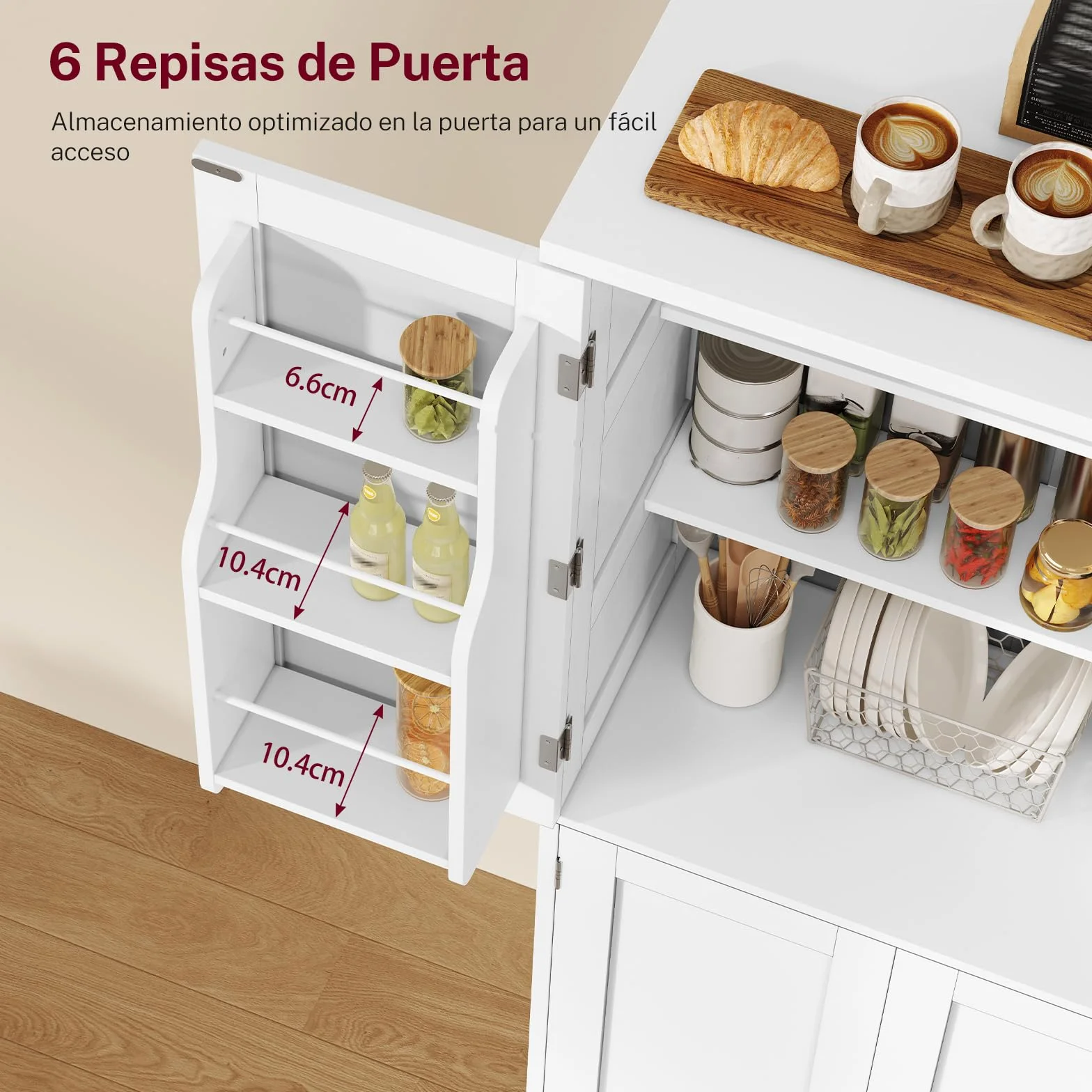 TEENFON Alacena de Cocina Alta y Despensa, Armario de 4 Puertas con 6 Estantes y 2 Compartimentos en la Puerta, Aparador y Mueble de Almacenaje Multiusos para Cocina, Salón, Comedor, 130 cm, Blanco