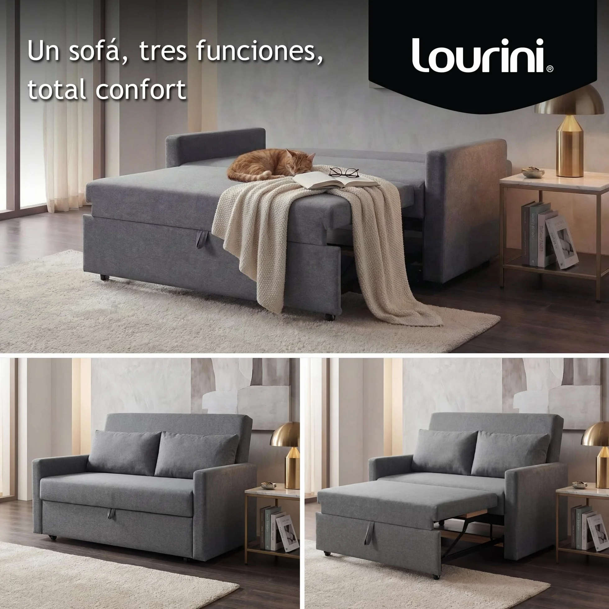 Sofá Cama 2 Plazas, Sillón Cama Plegable Convertible, Sofa Bed Double Matrimonio 132 cm, Extraíble y Extensible, Dos Plazas, Máxima Comodidad, Moderno y para Espacios Reducidos