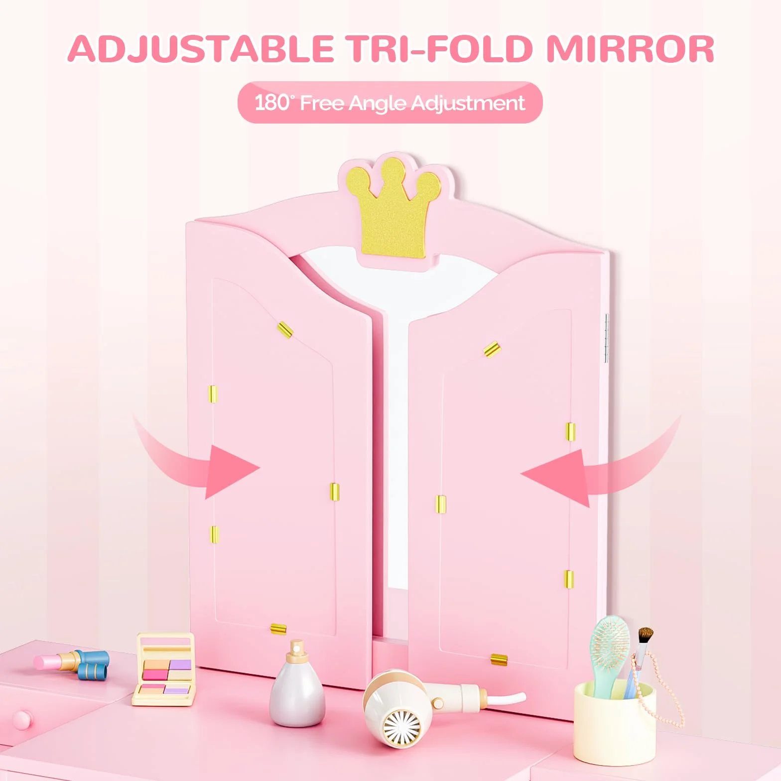 Bonnlo Tocador Infantil con Espejo de Tres Paneles y Taburete, Mesa de Maquillaje de Madera con Diseño de Corona, Rosa, Grande