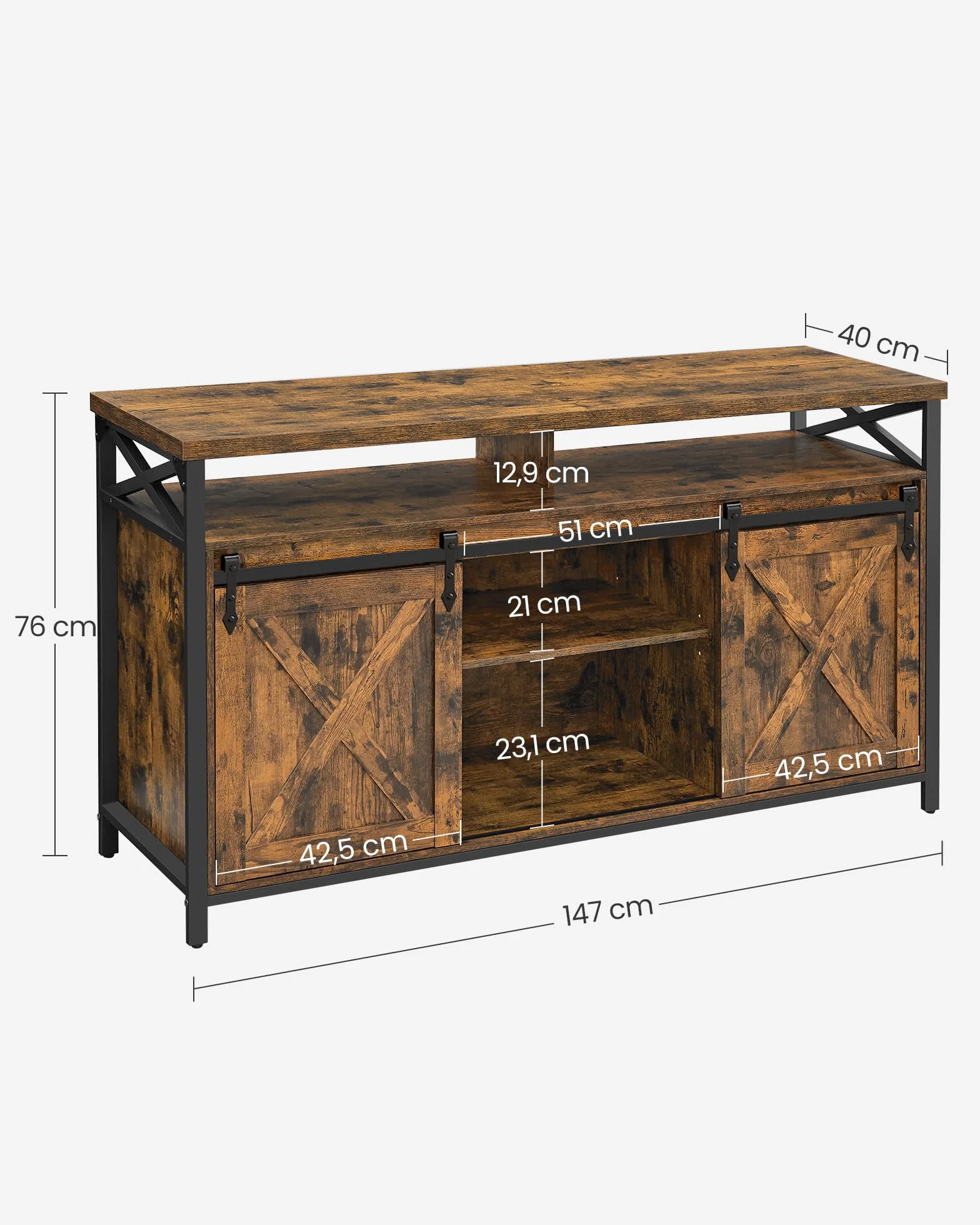 VASAGLE Mueble para TV, Soporte para TV de 65 Pulgadas, con Estantes Ajustables, Puertas de Granero, Diseño de Granja, Marco de Metal, Marrón Rústico y Negro LTV071B01V1