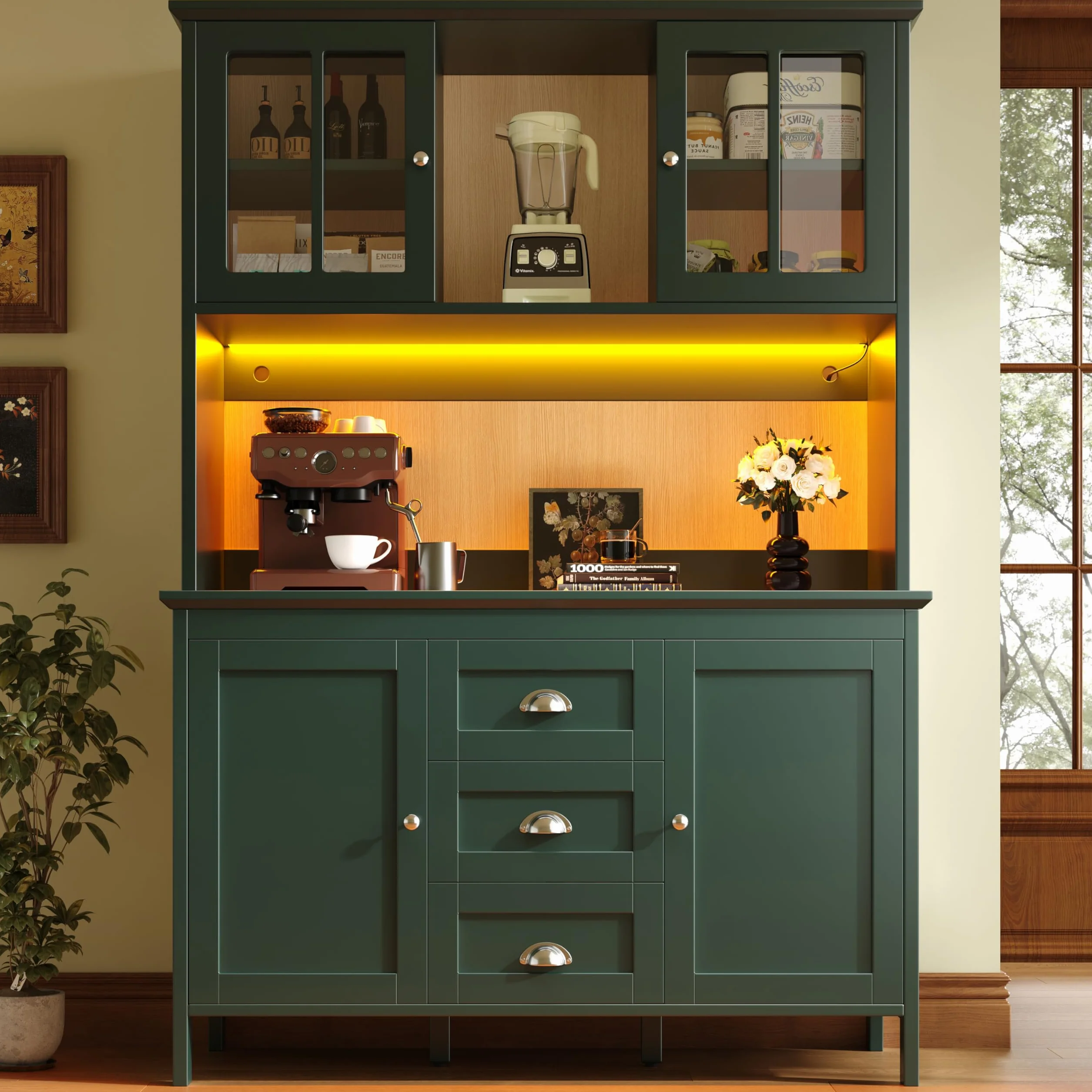 Kebnor armarios de Cocina Altos, aparadores, armarios de Cocina con Puertas de Cristal marrón e iluminación LED, Verde (120 x 40 x 179 cm)