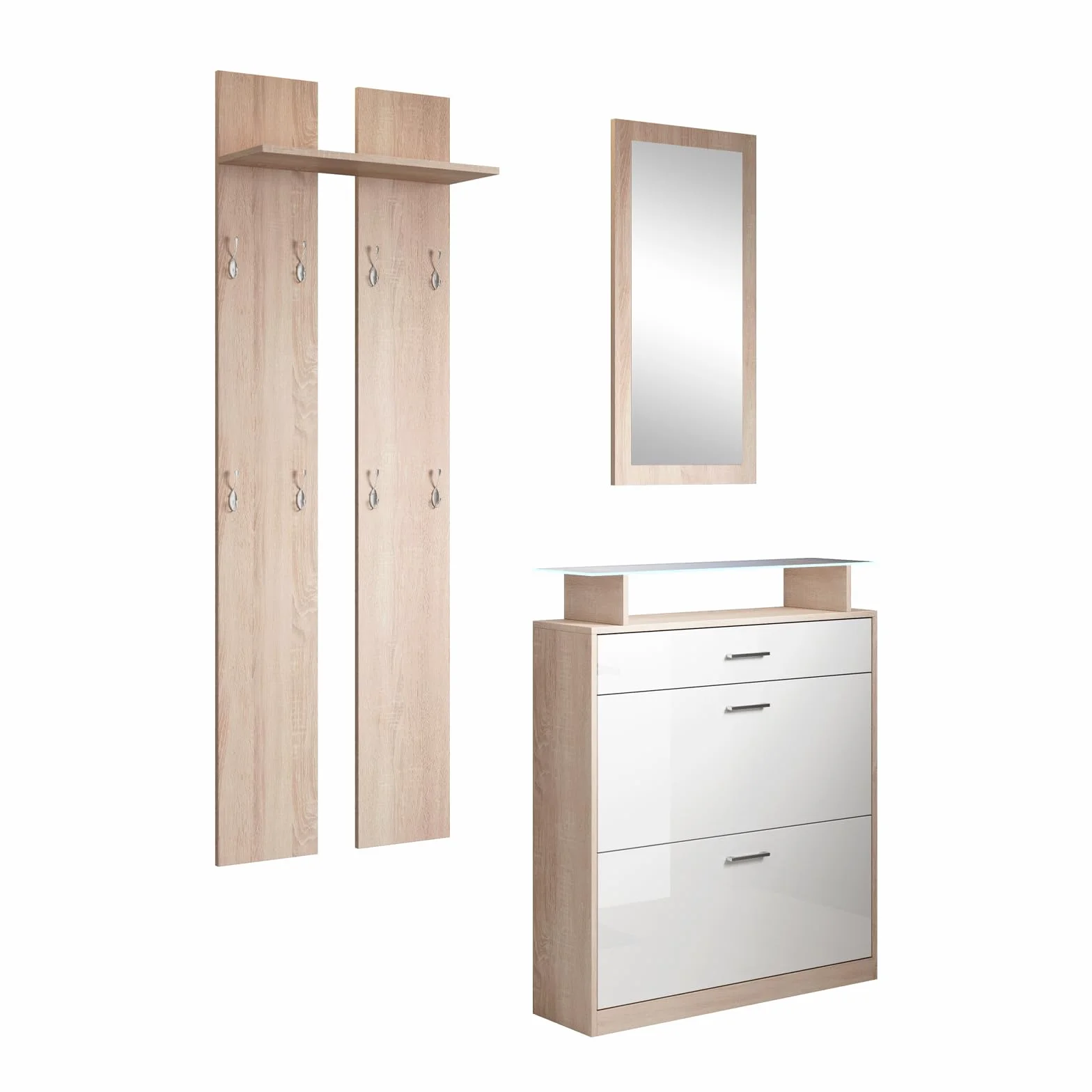 MB Muebles Bonitos | Conjunto Recibidor Paola Set con Zapatero | Espejo | Perchero | Luz LED | Diseño Moderno | Melamina Brillo y Mate | Color Sonoma y Blanco