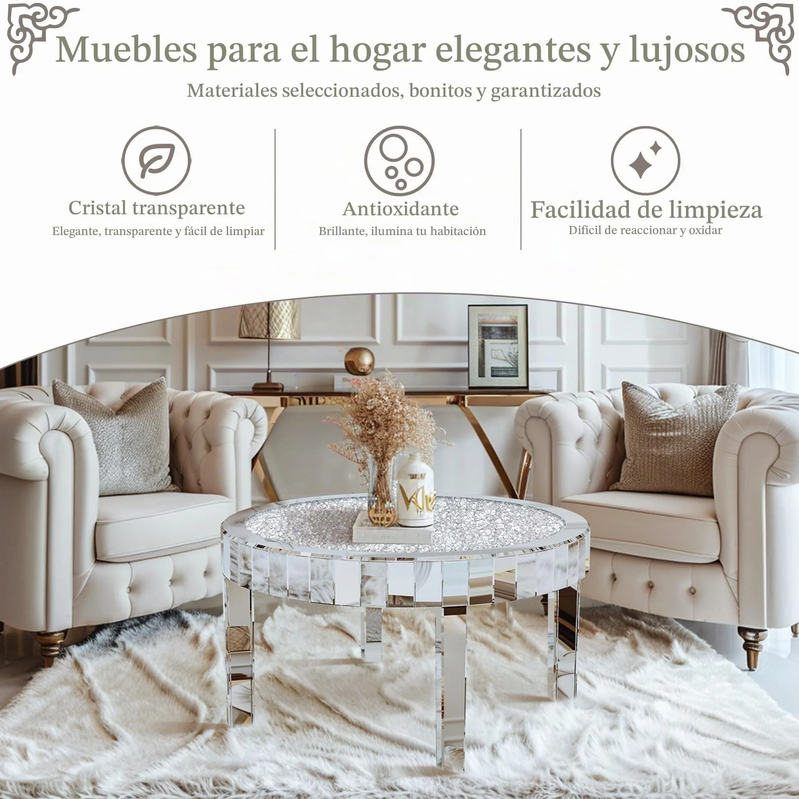 Mesa de Centro Redonda de Espejo y Diamantes: Mesa Cafe Baja Barroca Plateada Brillante Decorativas para Sofá Salón Habitacón Oficina 80x80x46cm