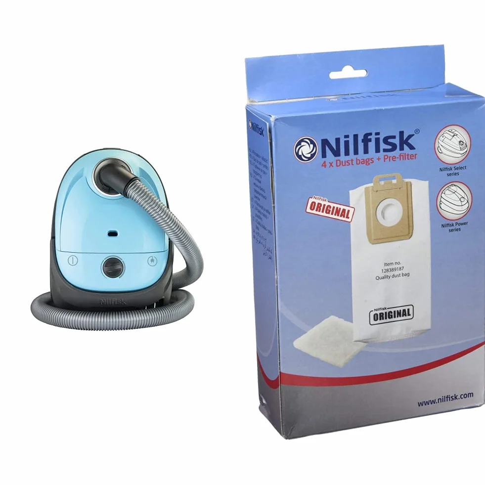 Nilfisk Aspirador de Trineo básico One, pequeño, Filtro EPA o HEPA, 3 L de Capacidad, Azul Claro & 128389187 Bolsas Aspirador, Teflón, Blanco