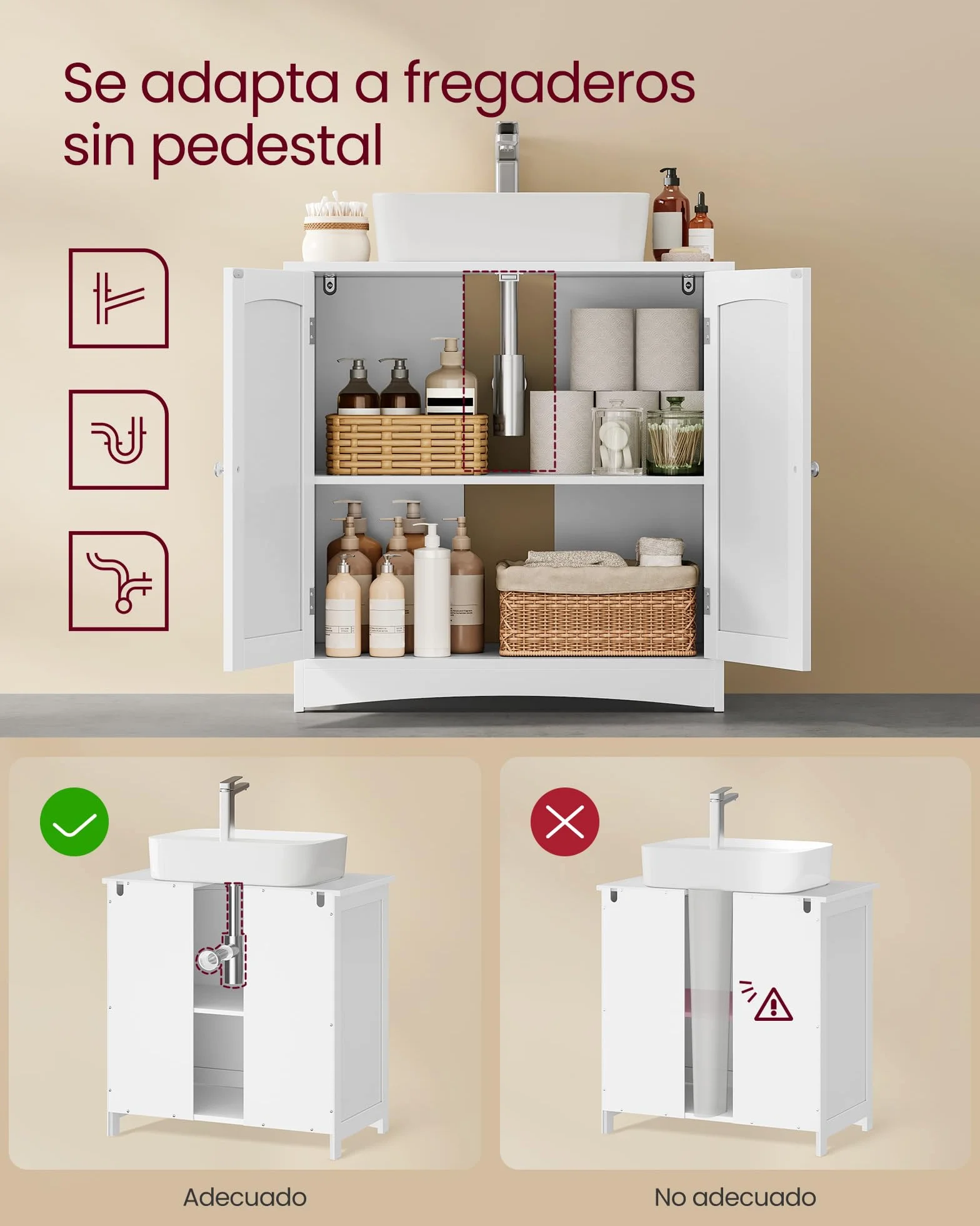 VASAGLE Aramrio de Lavabo, Armario Debajo de Lavabo, Mueble de Baño, con 2 Puertas, Estante Ajustable, Amplio Espacio de Almacenamiento, Estilo Moderno, 40 x 70 x 70 cm, Blanco Nube BBC011W01