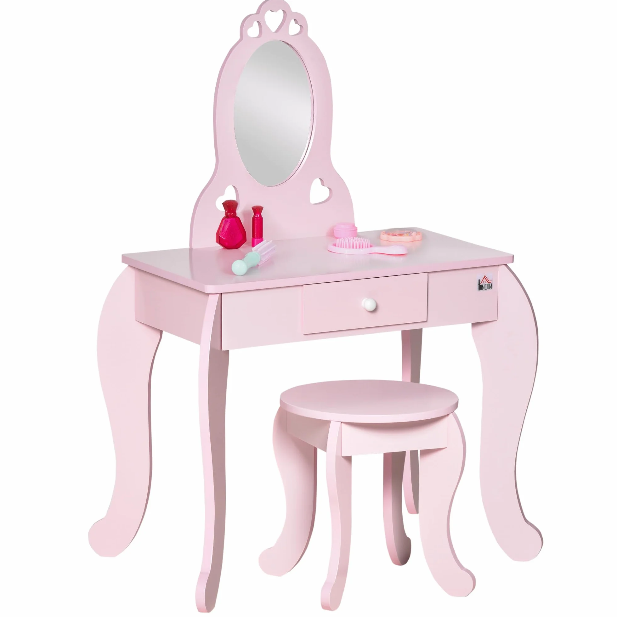 HOMCOM Tocador Infantil Madera Niñas 3-6 Años con Taburete Espejo Princesa 60x36x88 cm Rosa