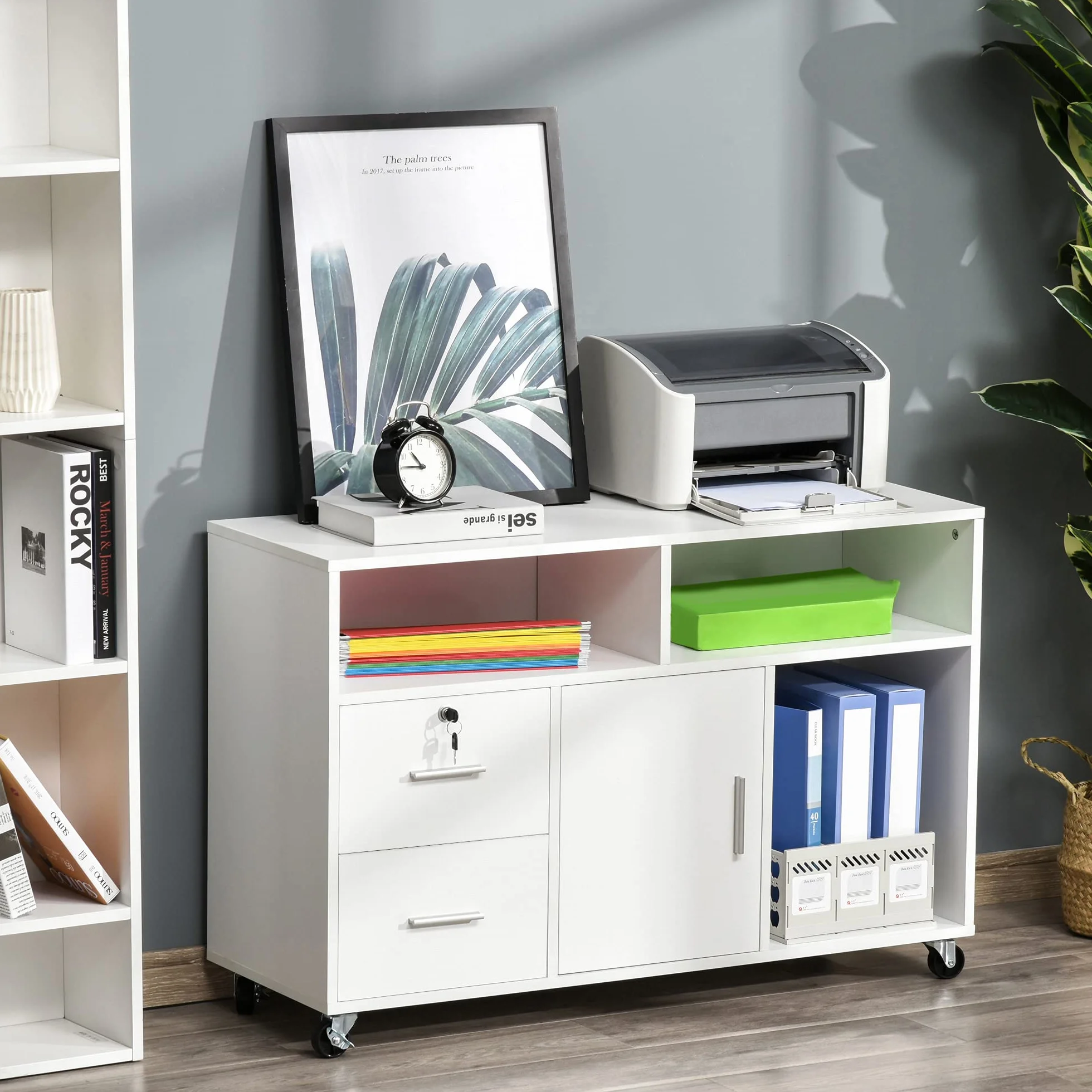 HOMCOM Mueble Auxiliar de Oficina Mueble Archivador con Ruedas Estantes y Cajones Armario Multiusos con Gran Almacenaje 100x35x65 cm Blanco