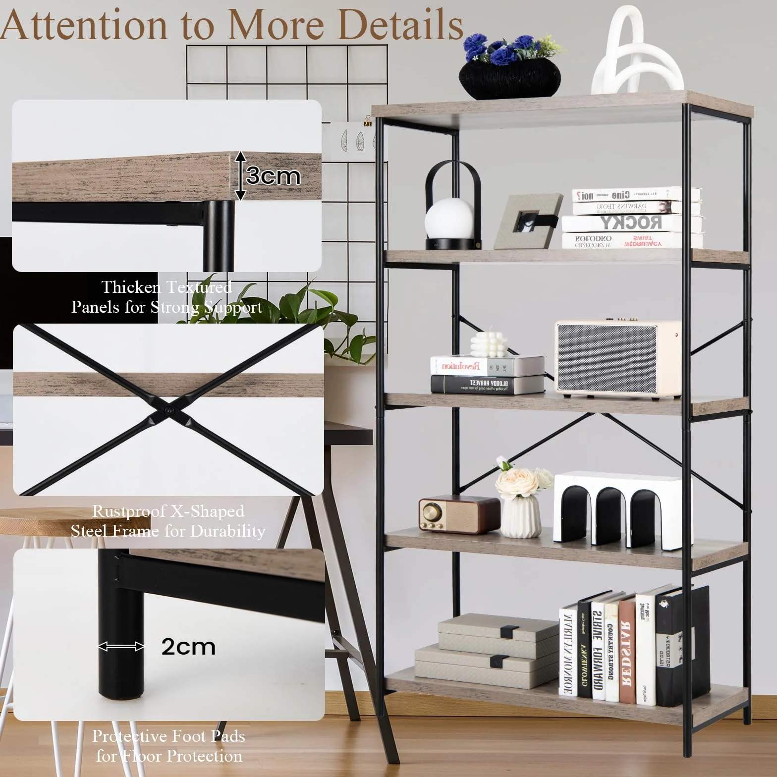 HOMASIS Librería con 5 niveles, estantería independiente con estructura metálica, cada estante puede soportar hasta 20 kg, para salón, dormitorio, estudio, 79 x 35 x 160 cm, diseño industrial (Gris)