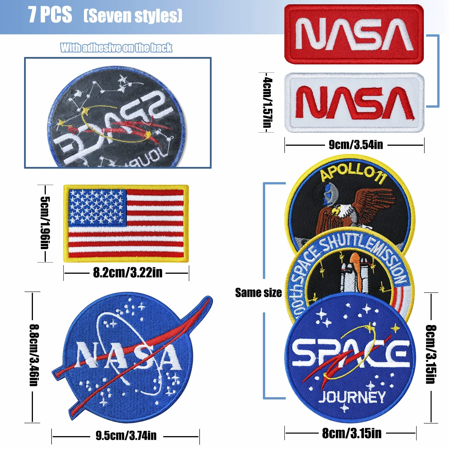 7 parches de la NASA, parches para planchar, insignia espacial para coser en transbordador espacial y parches de bandera de Estados Unidos para chaquetas, mochilas, gorras, bolsos, ropa