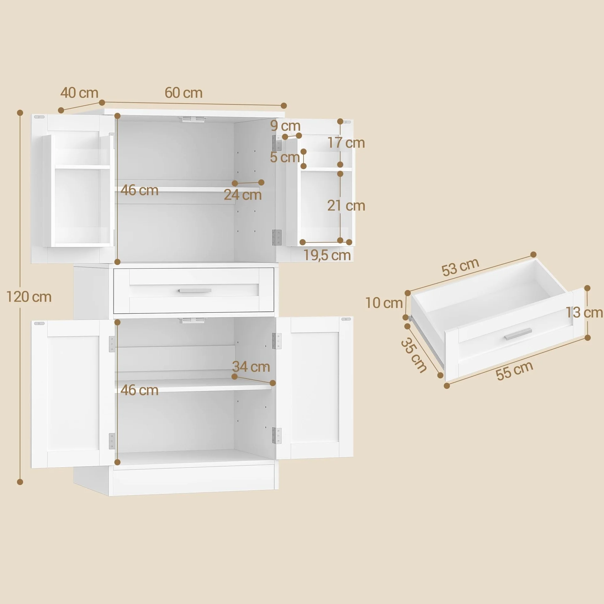 Alacena de Cocina 120 cm Aparador 4 Puertas 1 Cajón Armario Alto Blanco 40x60x120 cm