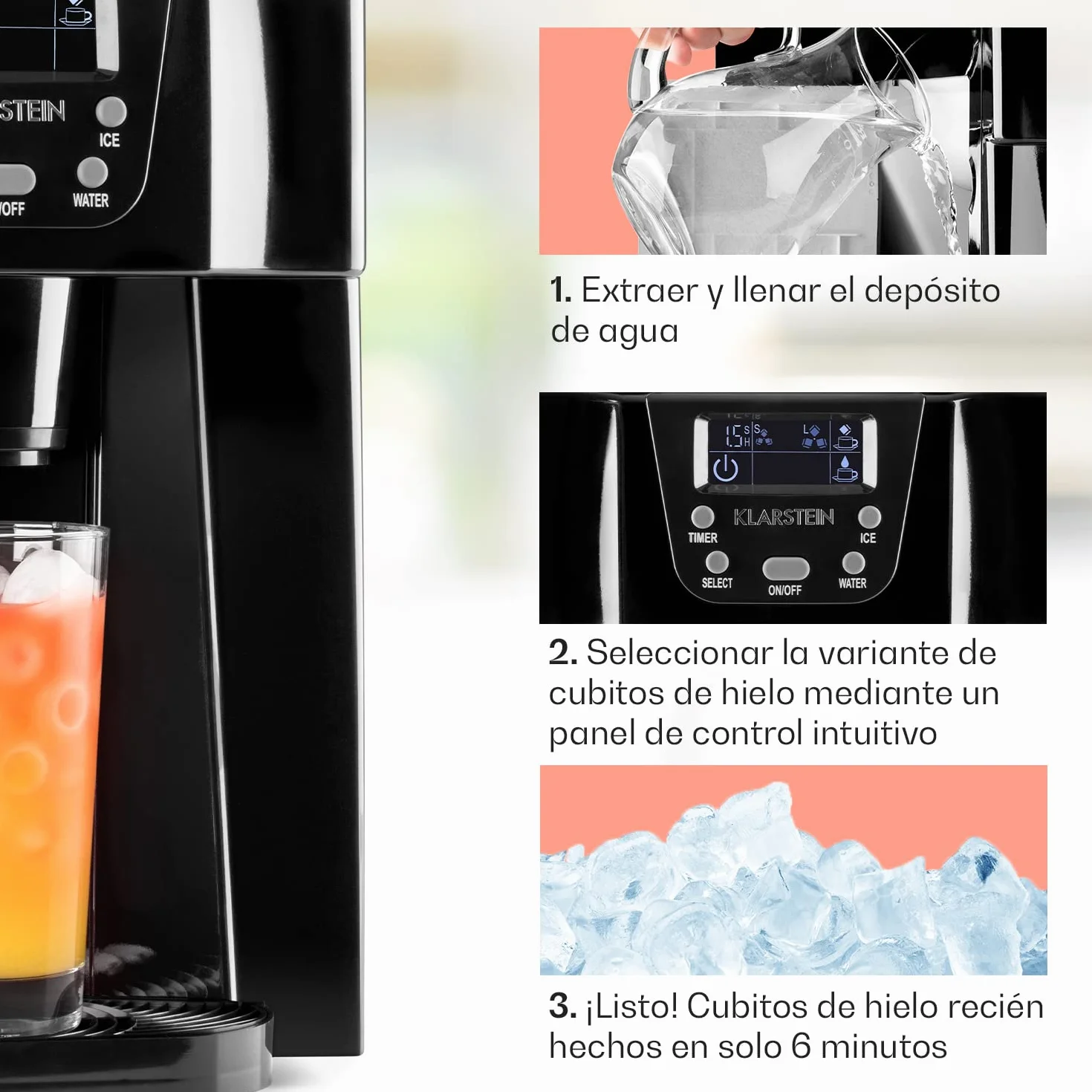 Klarstein Maquina de Hielo para Encimera, Maquina Hacer Cubitos de Hielo Domestica, Producción 12 kg., Depósito Agua Capacidad 2 l. Dispensador Agua Fría, Ice Maker Sobremesa, Máquina Cubitos de Hielo
