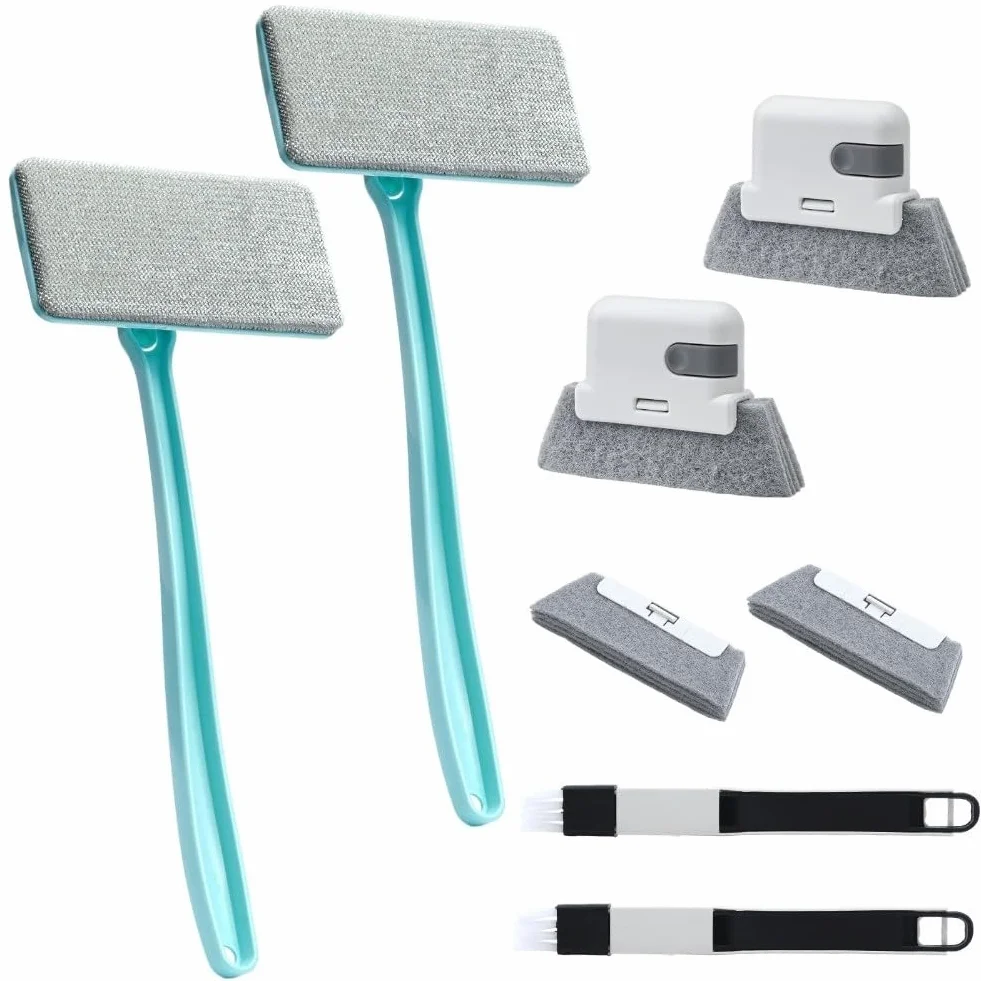 Kit de limpiador de pantalla de ventana, paquete de 8 unidades con cepillo de doble uso para ventanas, sofás y alfombras, mango desmontable, plástico PP duradero, 2 piezas de repuesto para una