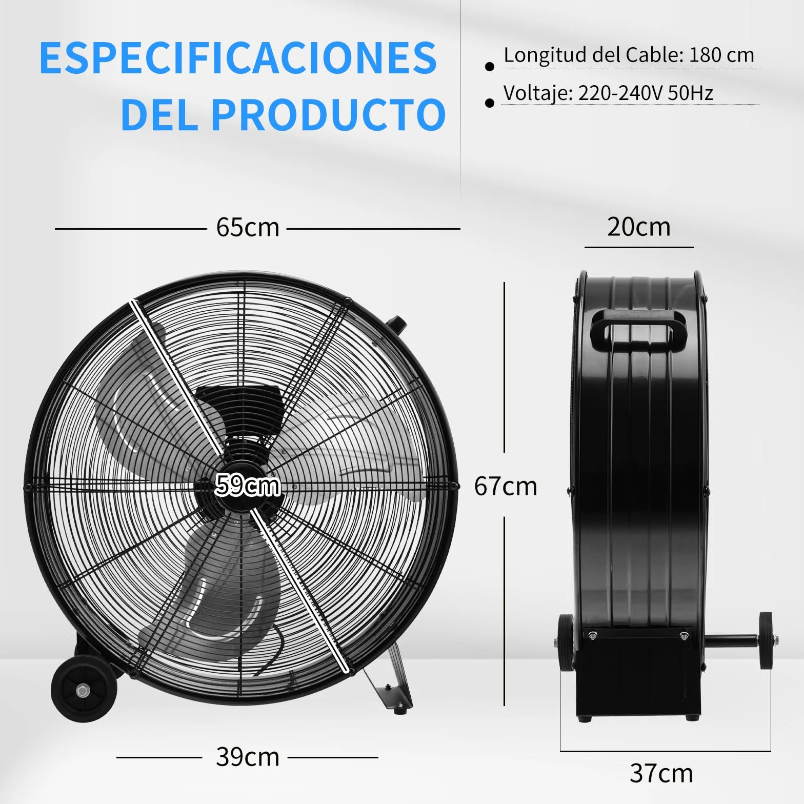 COSTWAY Ventilador Industrial de 180W, Ø65cm Ventilador de Suelo con Asa Lateral, 2 Ruedas, Soporte Antideslizante, 3 Velocidades, 3 Aspas Metálicas, Potente de Aluminio para Garaje y Almacén (Negro)