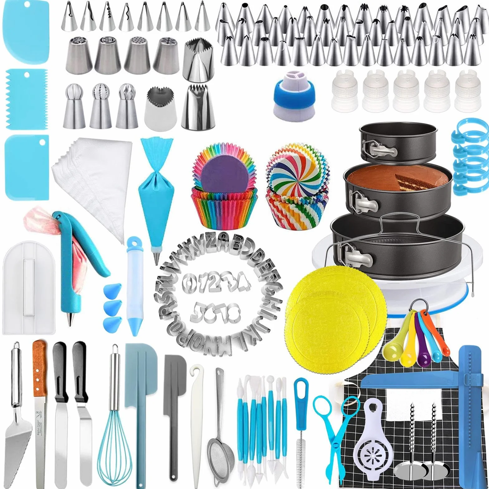 Juego de 458 piezas para decoración de tartas, puntas de acero inoxidable, reutilizables, anillo de fijación azul, tijeras de transferencia de flores, juego de decoración completa