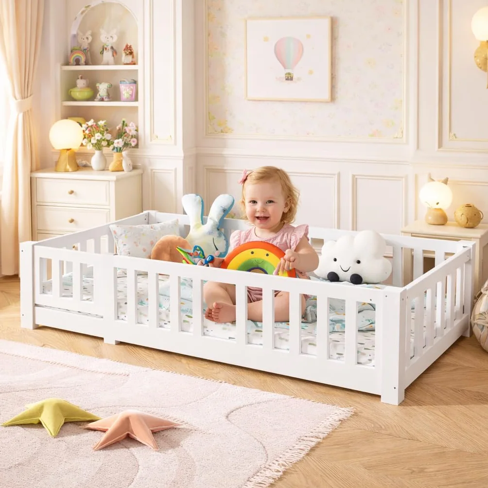 Cama de suelo para niños de 90 x 190 cm con valla y puerta, cama Montessori con protección anticaídas, cama juvenil individual con somier, cama infantil para niños y niñas, blanco (90 x 190 cm
