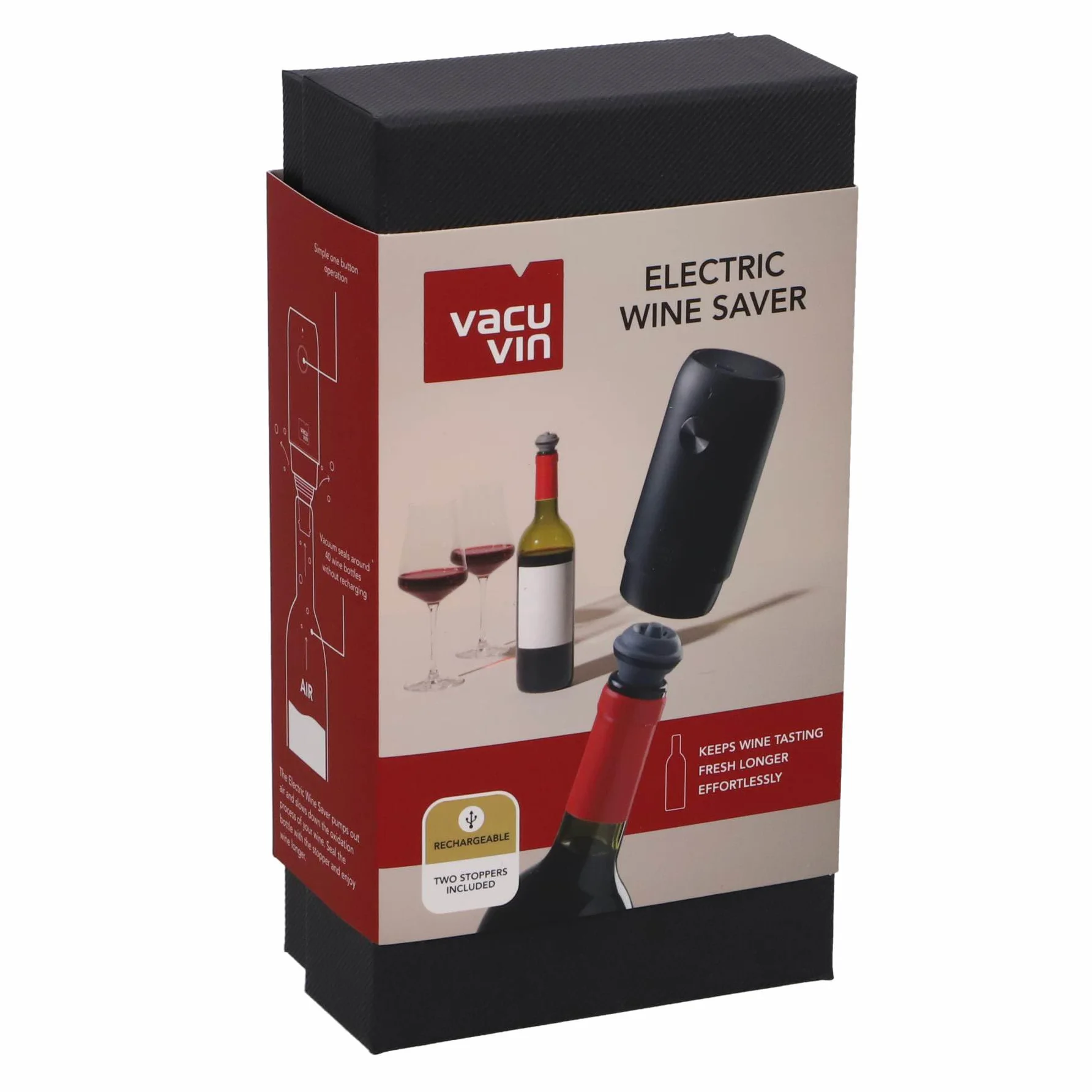 Vacu Vin Ahorro de vino eléctrico, con 2 tapones, tapón de vacío recargable, ideal para conservar hasta 40 botellas, perfecto para el hogar, la cocina y cualquier ocasión, incluye caja de regalo