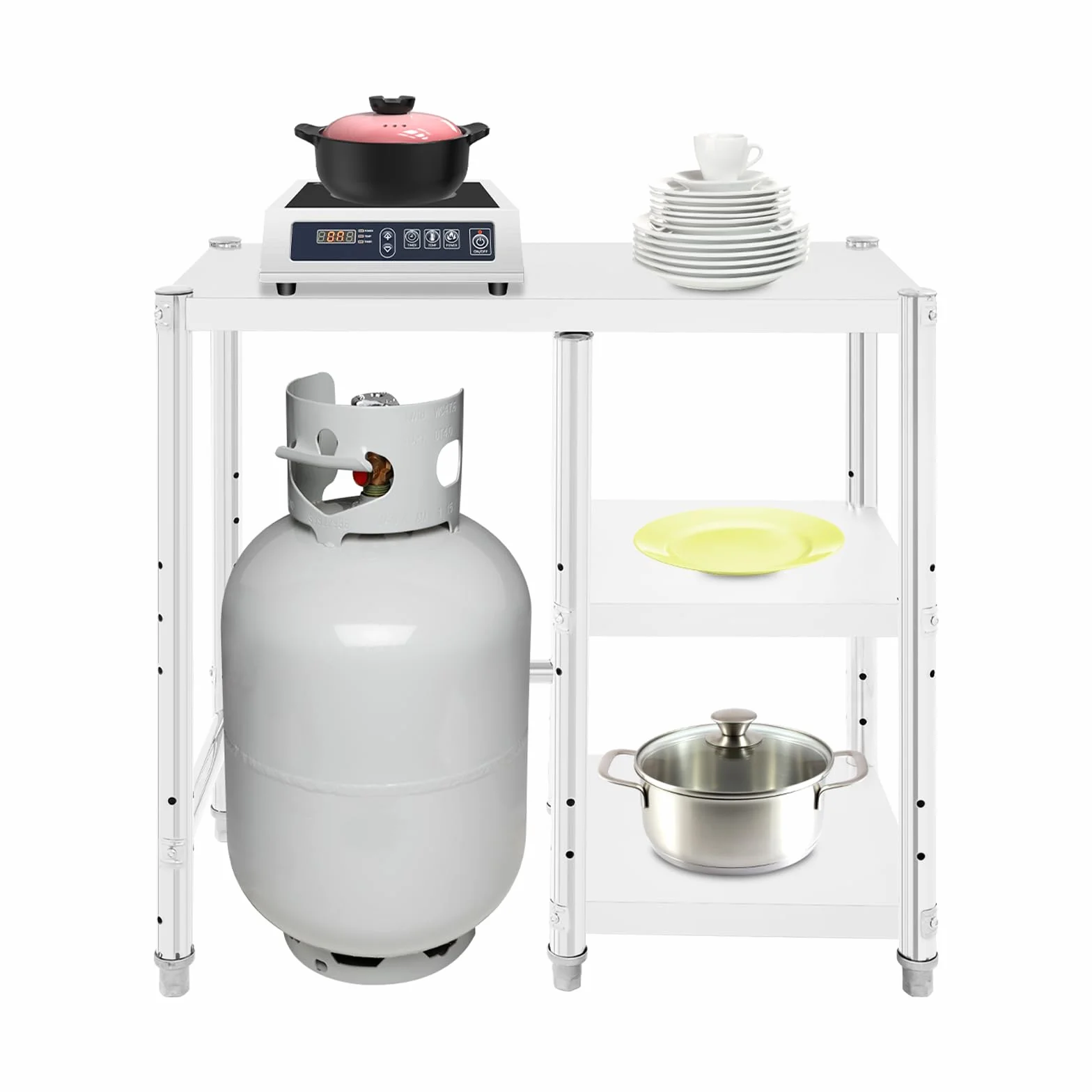 Estante para cocina para bombonas de gas y estufas, soporte para microondas con almacenamiento, soporte de cocina de 3 niveles con estantes ajustables, soporte de mesa para bar café