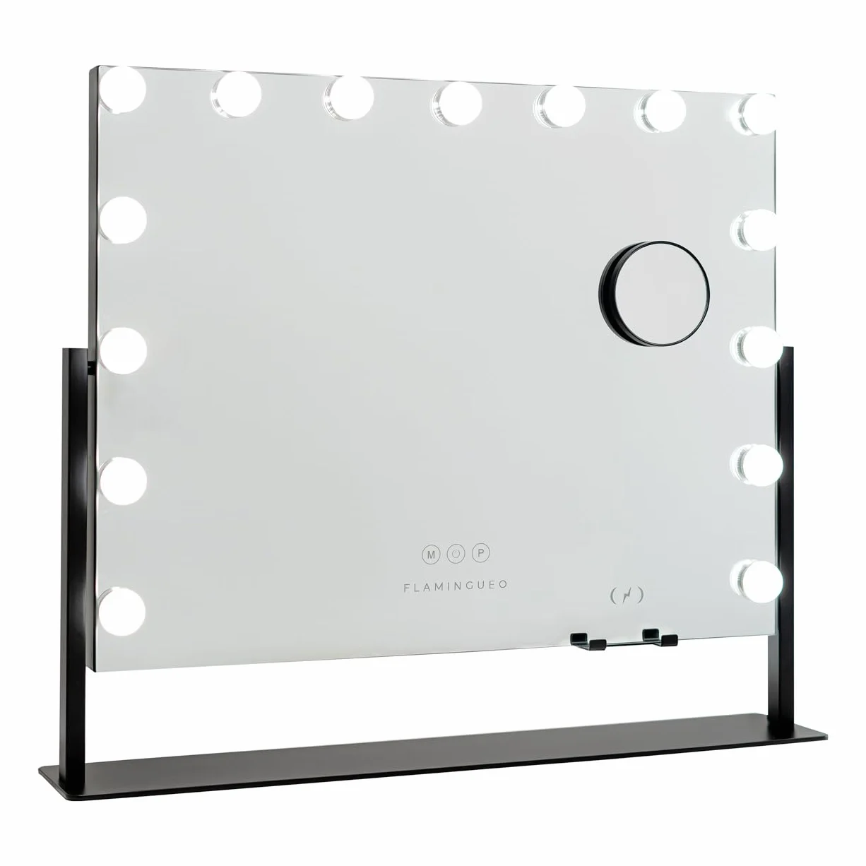 Flamingueo Espejo Maquillaje con Luz - 15 LED - 3 Modos de Luz - Intensidad Ajustable - Control Táctil - Cargador Inalámbrico para Móvil - Espejo Aumento - Posición Regulable - Negro - 64x12x54,5cm