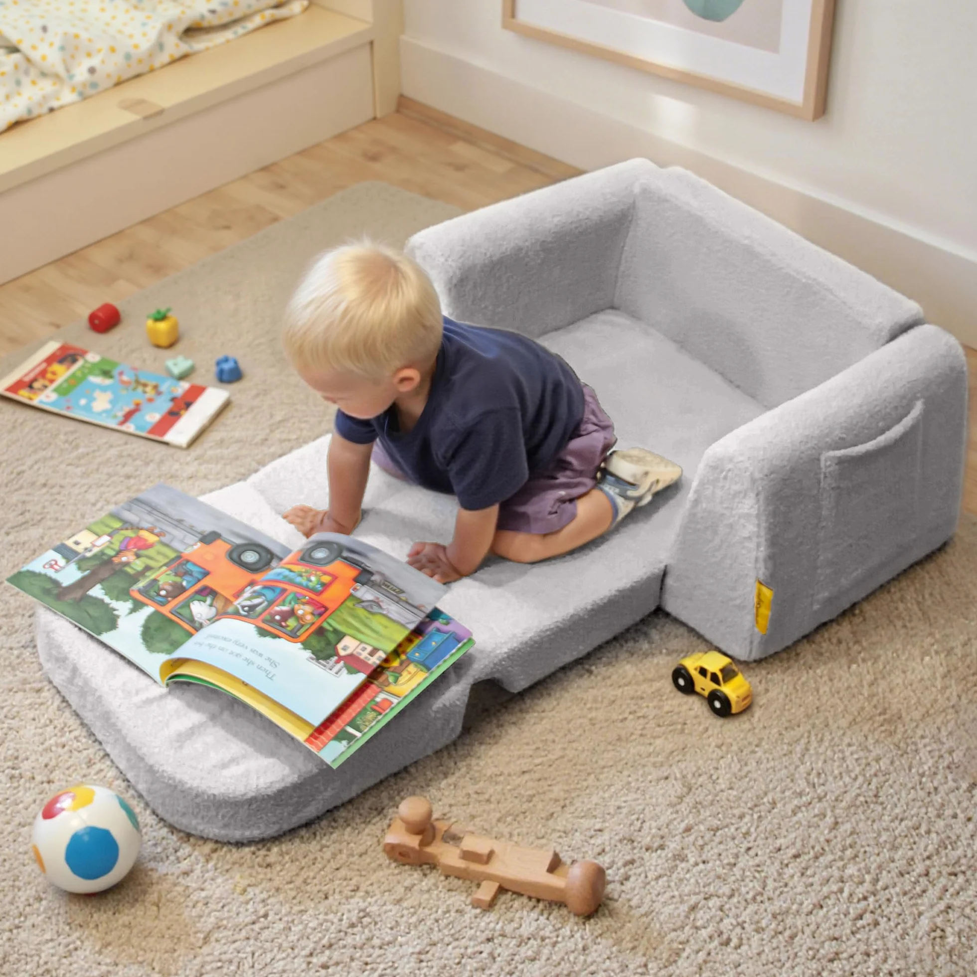 BanaSuper Sofá Cama Infantil 2 en 1, Sillón Convertible y Cama Plegable para Niños, Tejido Sherpa Suave, Funda Desenfundable Lavable, Regalo del Niño y Cumpleaños, Gris
