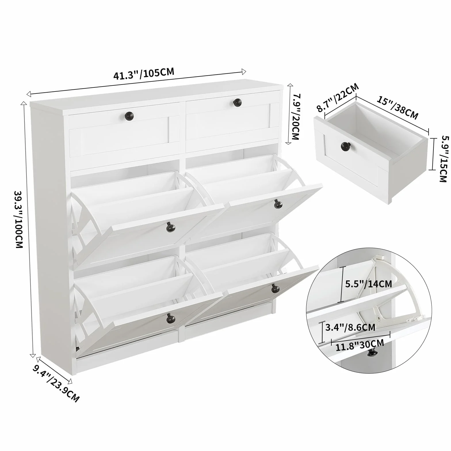VOWNER Zapatero Estrecho, Zapatero 4 Puertas, Entrada Recibidor, 105 x 24 x 100 cm (Largo x Ancho x Alto), Blanco, para Entrada Estrecha, Pasillo