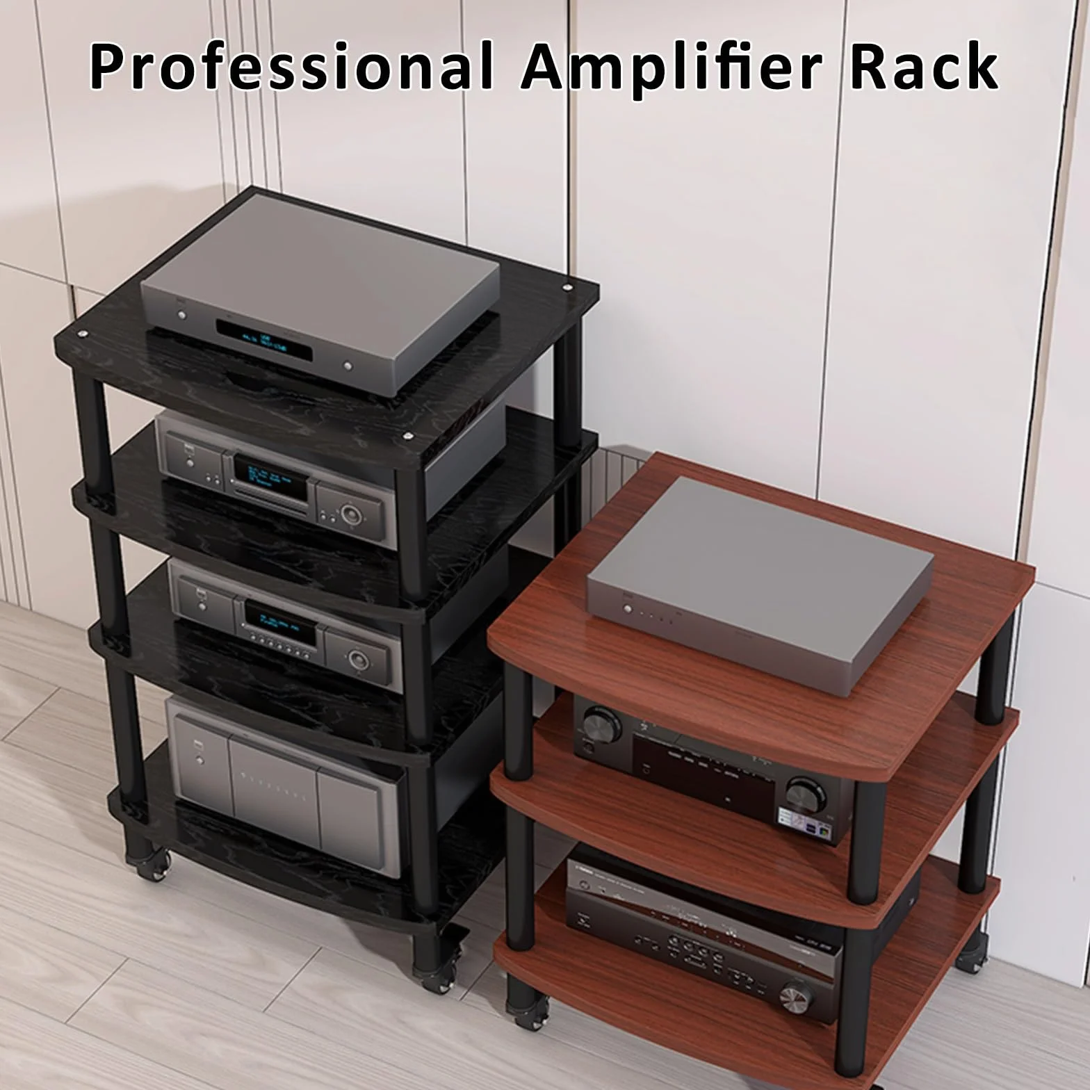 Soporte para AV de 4 niveles y estante de reproducción de discos de nogal, elegante gabinete de madera para discos de vinilo, consolas de juegos y equipos de audio, estantes ajustables, centro de