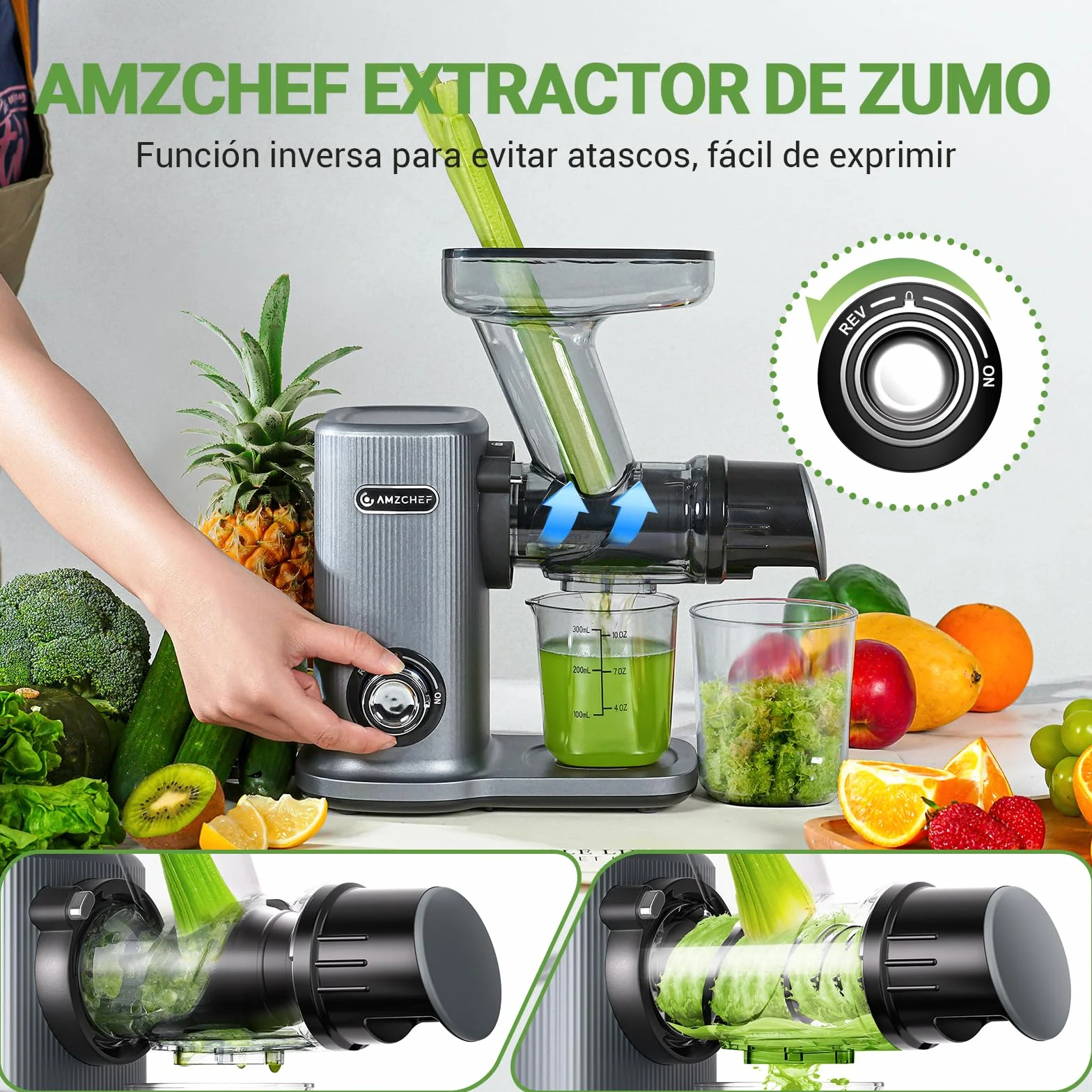 AMZCHEF Juicer Compacto Extractor Zumos Masticación Inversa Alta Tecnología Gris