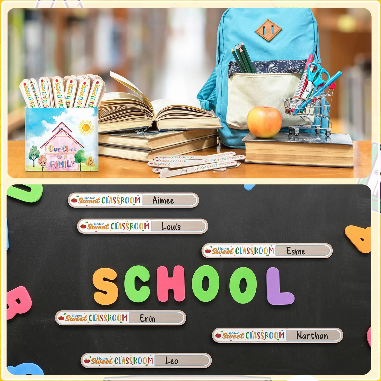 Motipuns 51 palitos con nombre con nuestra clase es una familia de cartón de madera hablando para gestión del aula, artículos esenciales para profesores, actividades educativas de aprendizaje para
