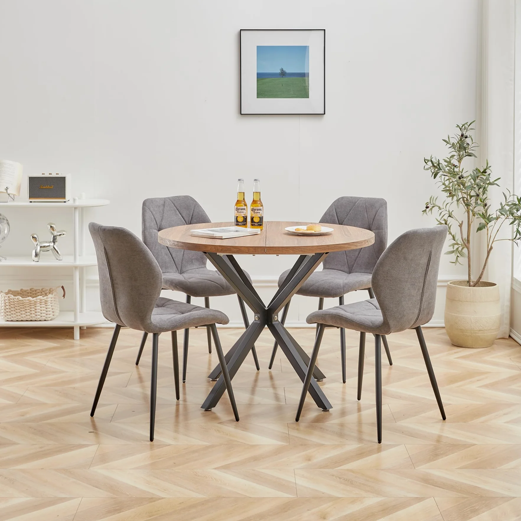 Juego de Mesa de Comedor Redonda de 100 cm con 4 Sillas de Tela de Lino, Conjunto Mesa y Sillas de Comedor para Comedor, Cocina y Salón (Madera Oscura+LX-Gris)