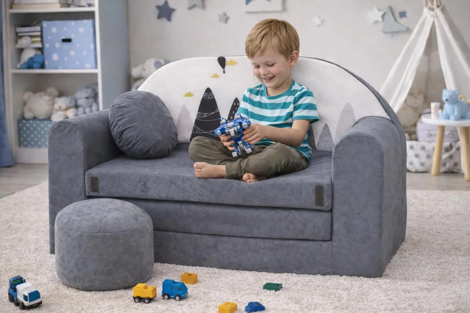 Un sofá Plegable para niños con función de Dormir con Colchón, Cojín y Puf Desenfundables - 98x168x59 cm - Ligero y Fácil de Plegar - Color AX2 Gris - Picos de Las montañas