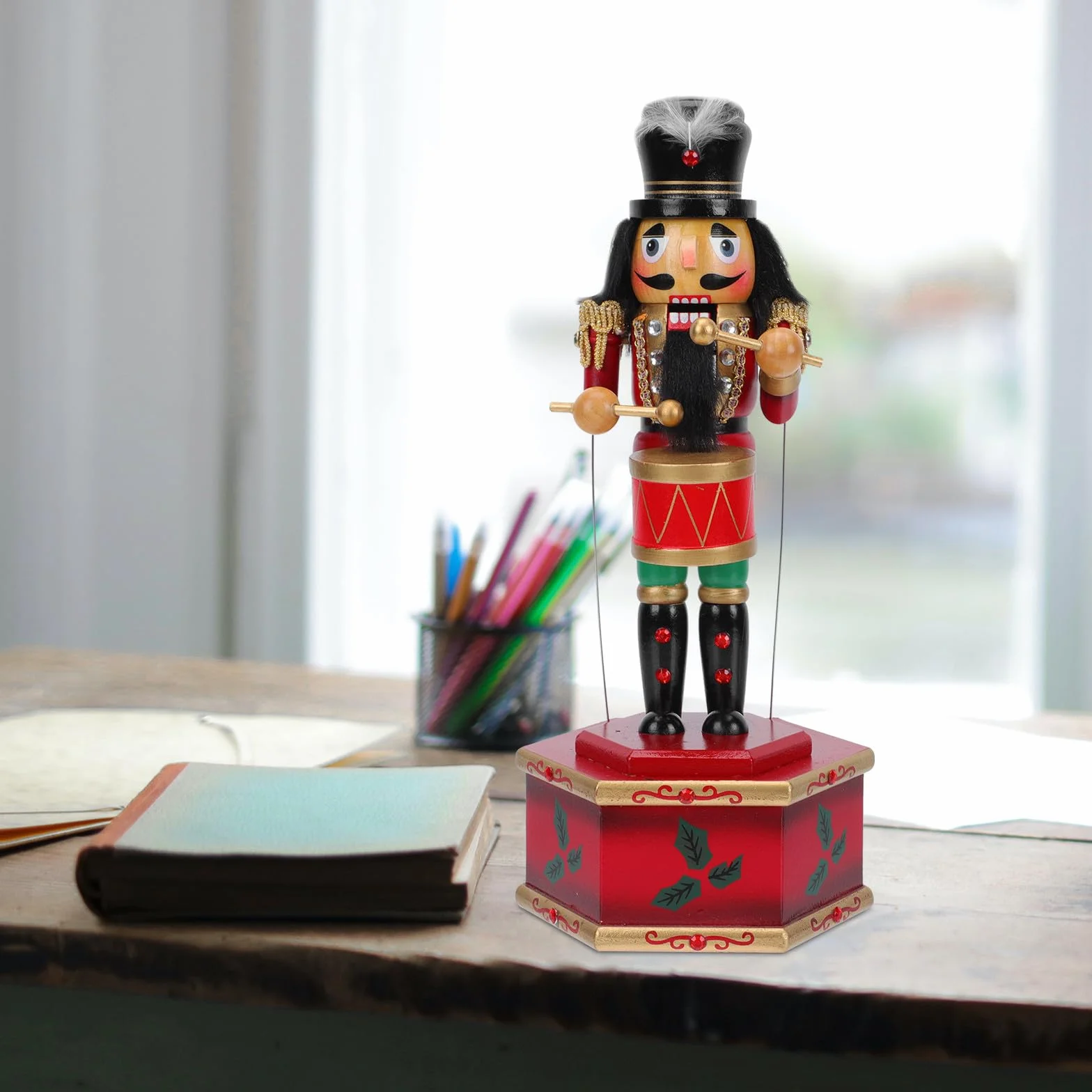 IMIKEYA Caja de Música Decorativa de Madera Cascanueces Negro, Reproducción de Melodías y Diseño Creativo para Oficina y Fiestas Navideñas