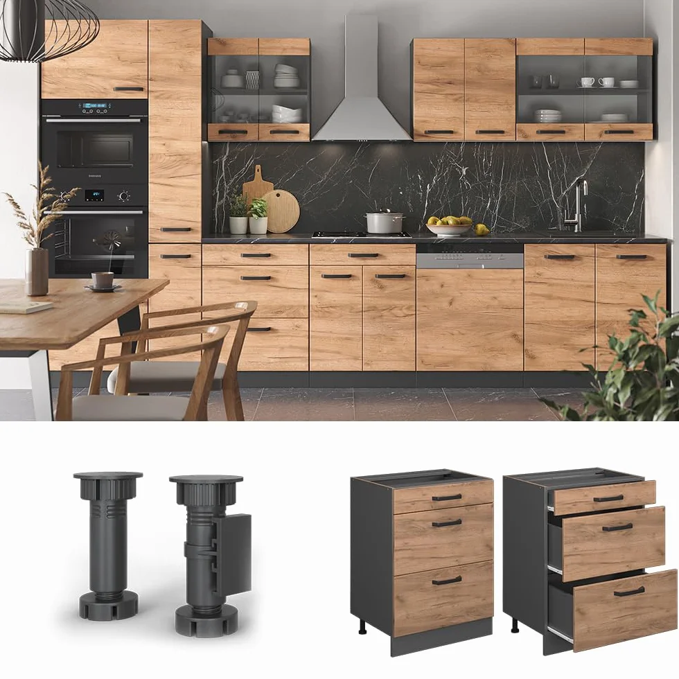 Vicco Mueble bajo de Cocina R-Line, Roble Dorado, 60 cm con cajones, sin encimera, para combinación Libre Dentro de Sistemas de Cocina modulares